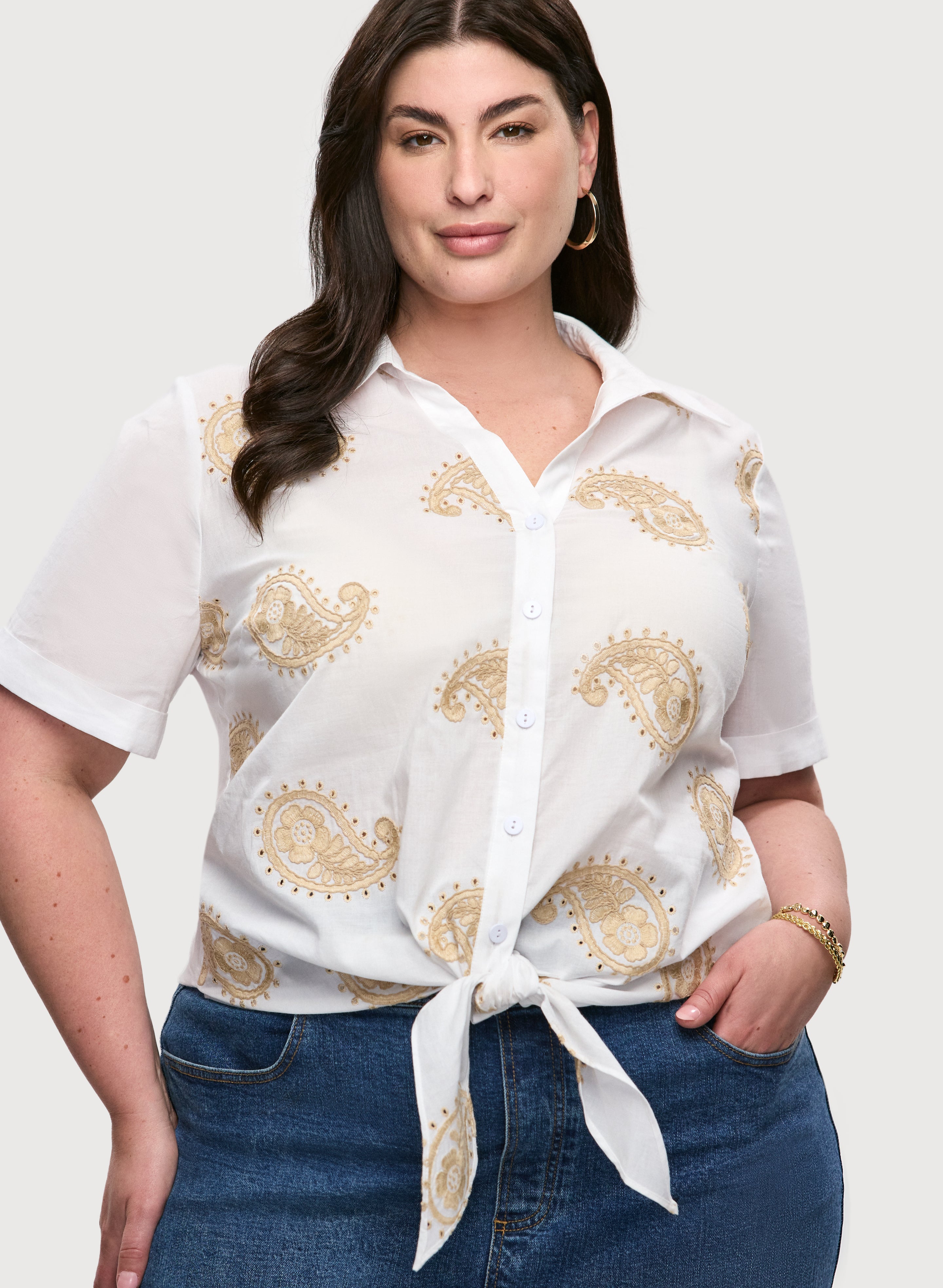 Paisley Embroidered Tie-Front Blouse