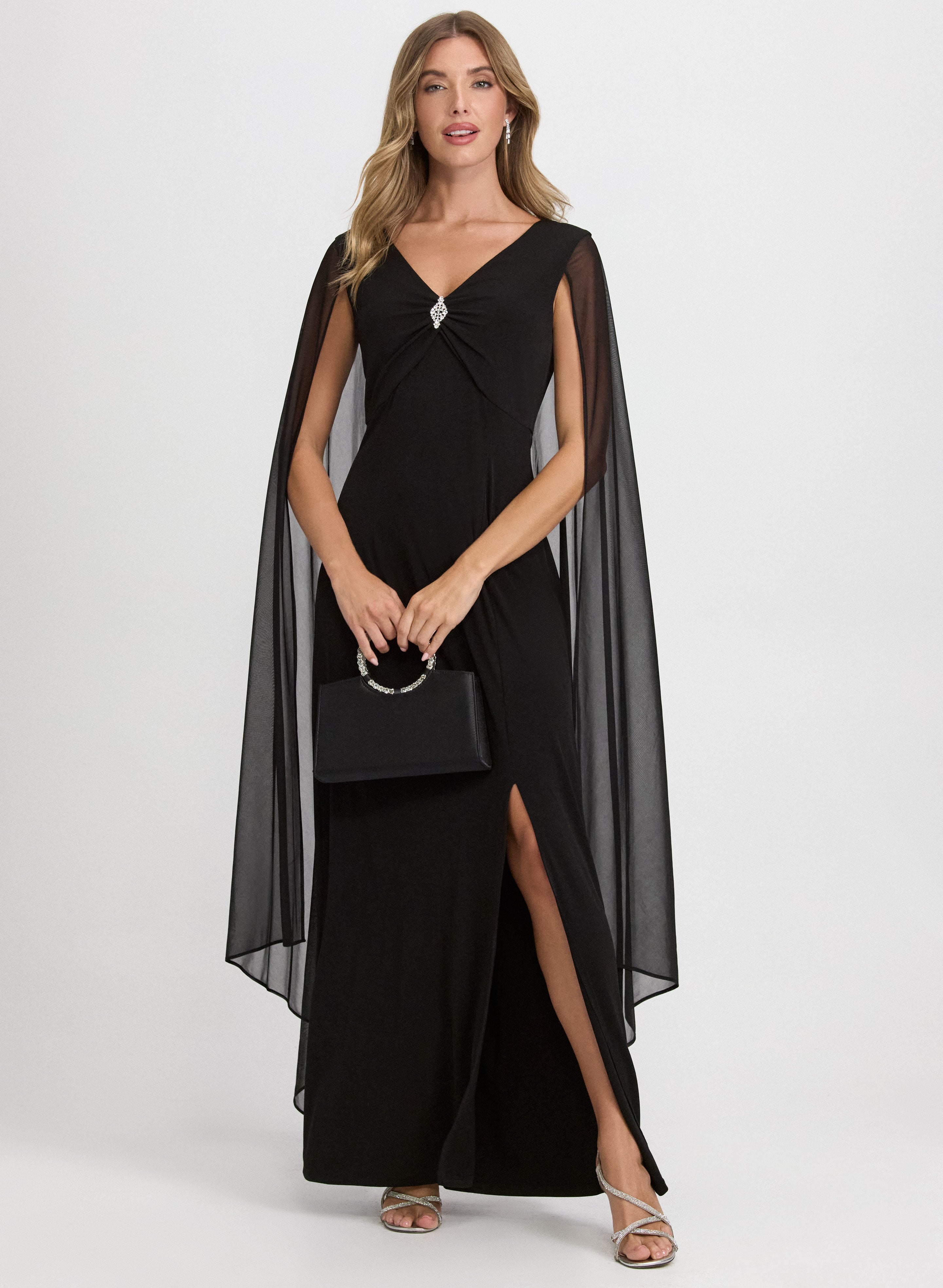 Embellished Chiffon Cape Dress