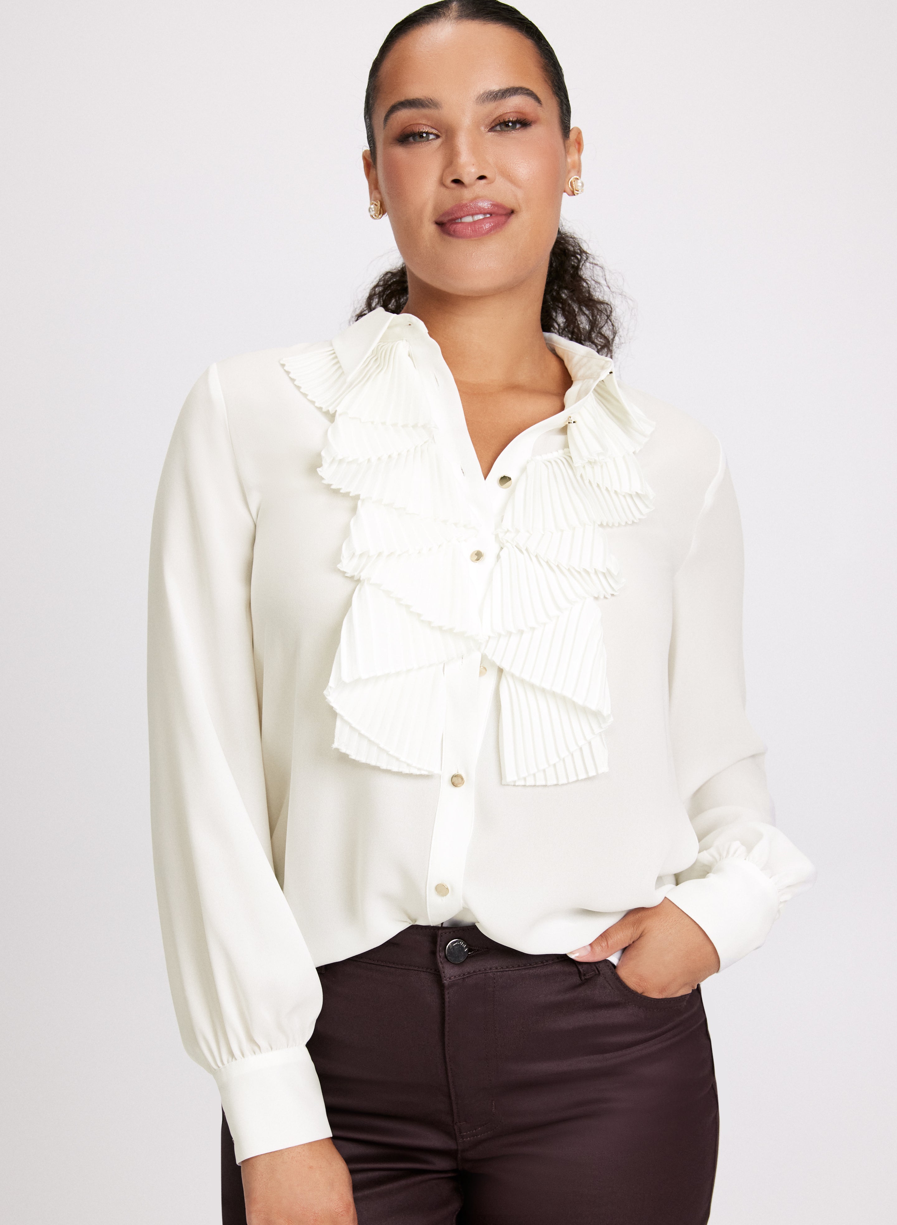 Ruffle button down shirt deals