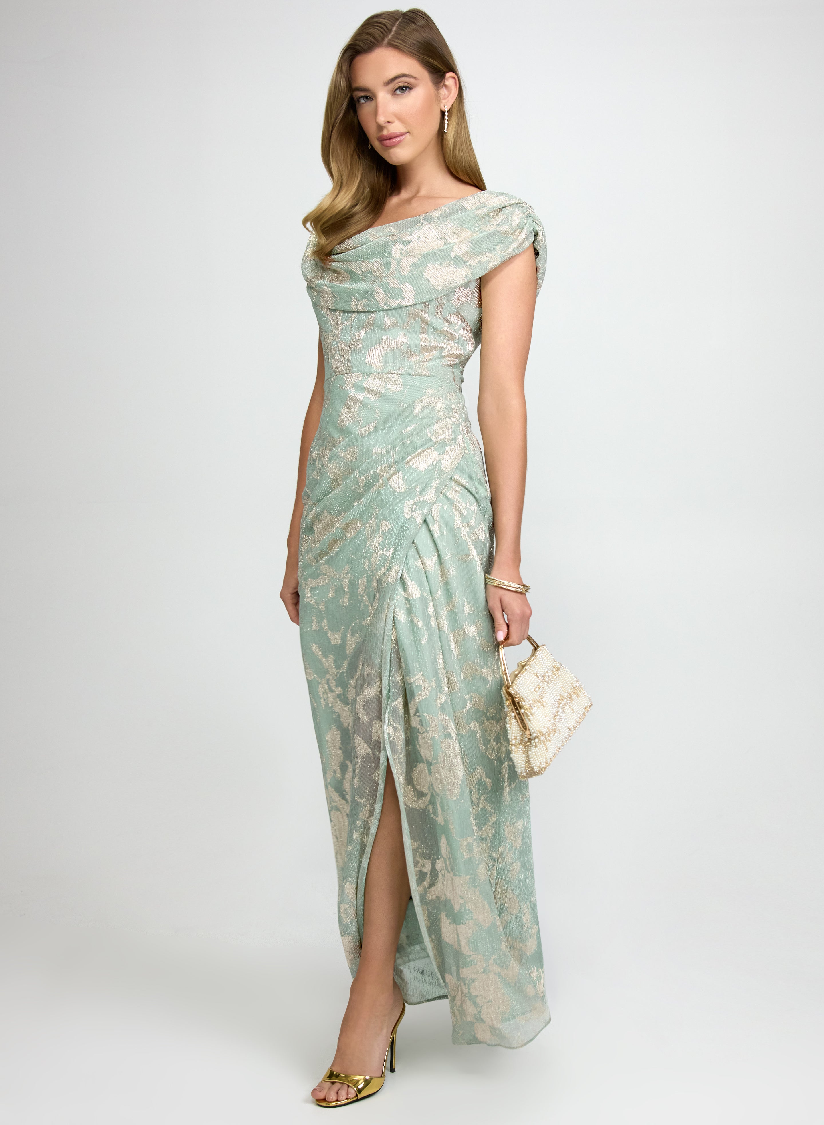 Metallic Draped Cowl Neck Dress Metallic Draped Cowl Neck Dress