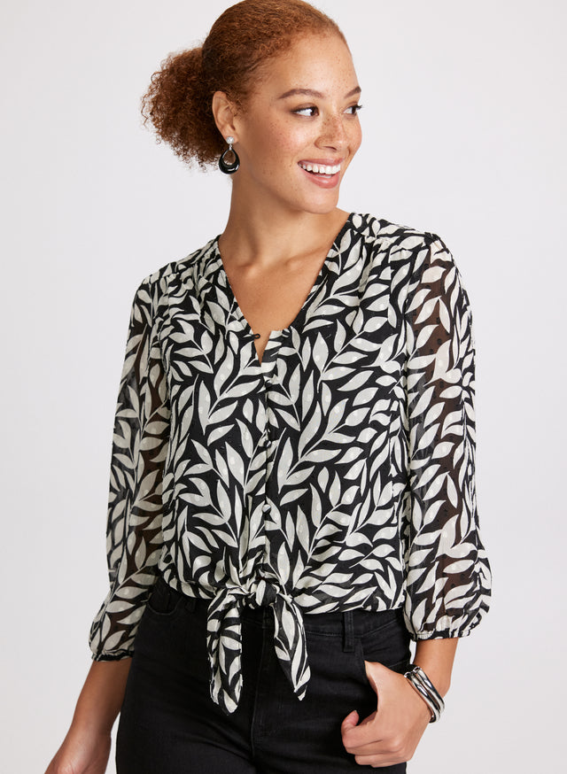 Part Two Joanna Stitch Leaf Print Tie Neck Ruffle Trim Blouse Black/ecru