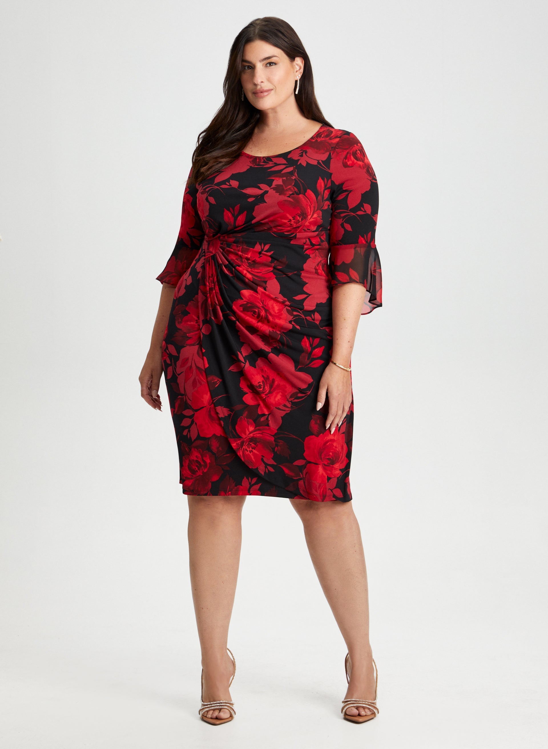 Laura Plus Women s Polyester Spandex Flounce Sleeve Floral Dress in Red Size 20