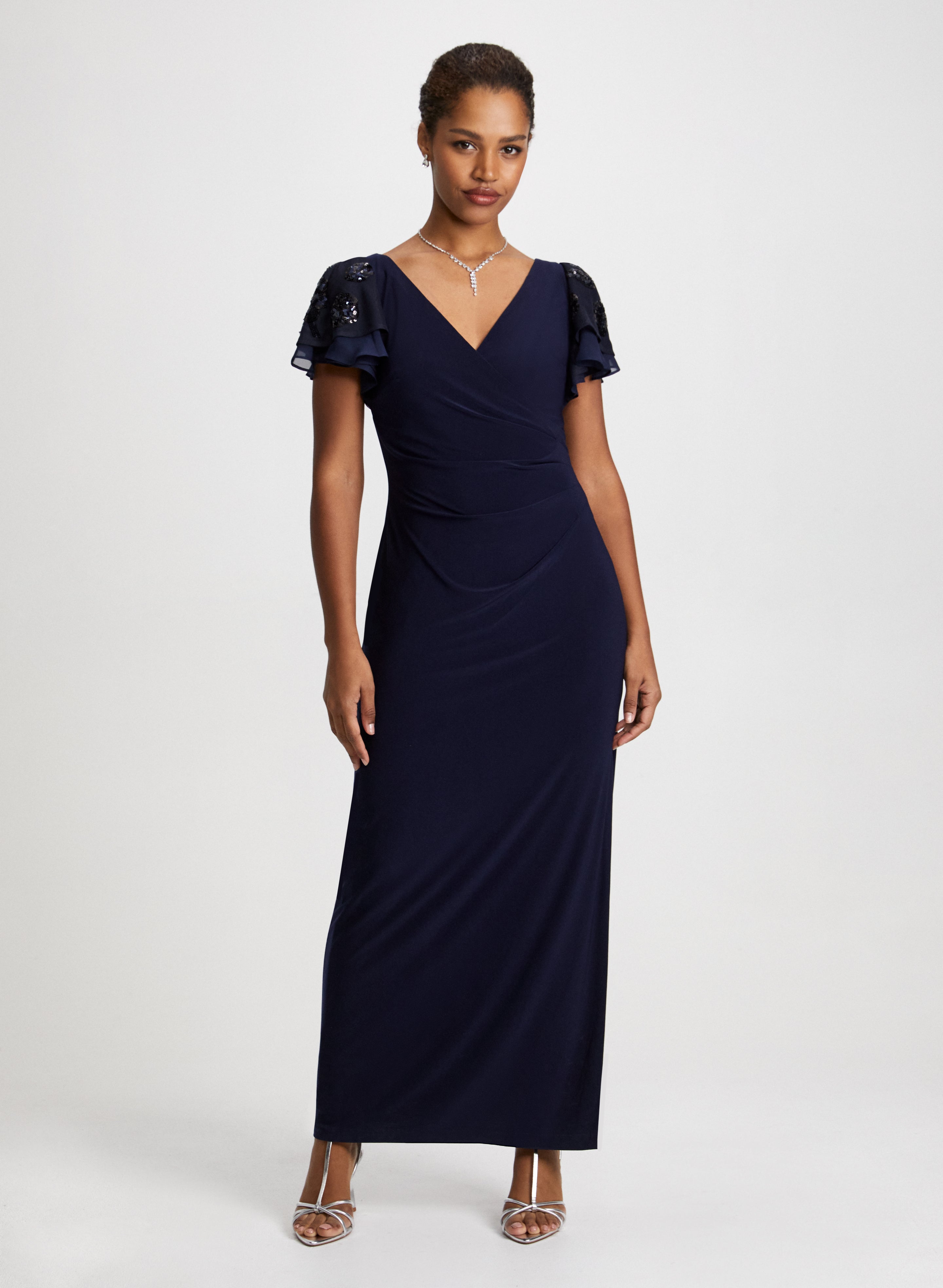 Sequined Wrap-Style Dress & Stone Teardrop Earrings Sequined Wrap-Style Dress & Stone Teardrop Earrings