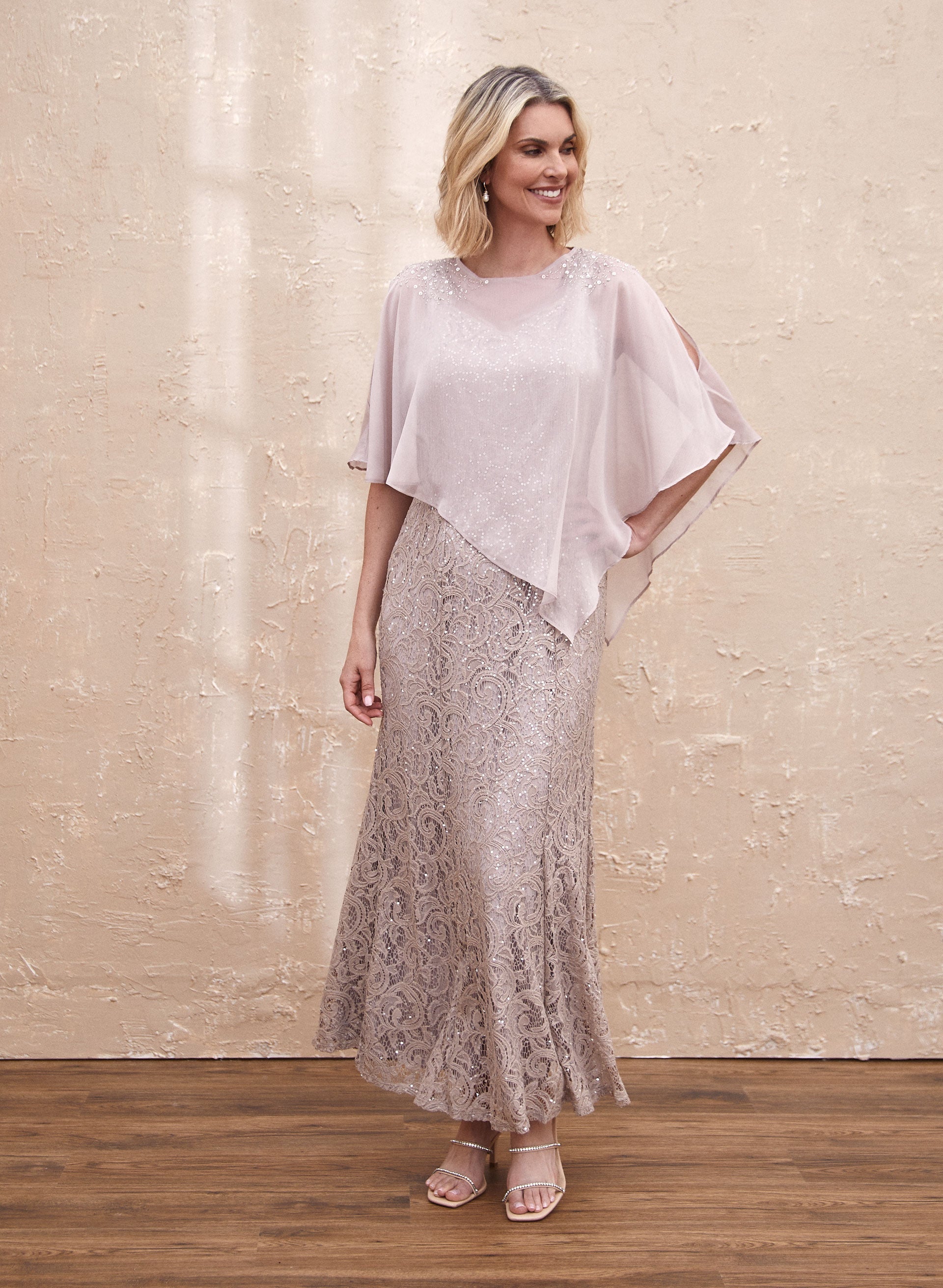 Sequined Lace Removable Poncho Dress