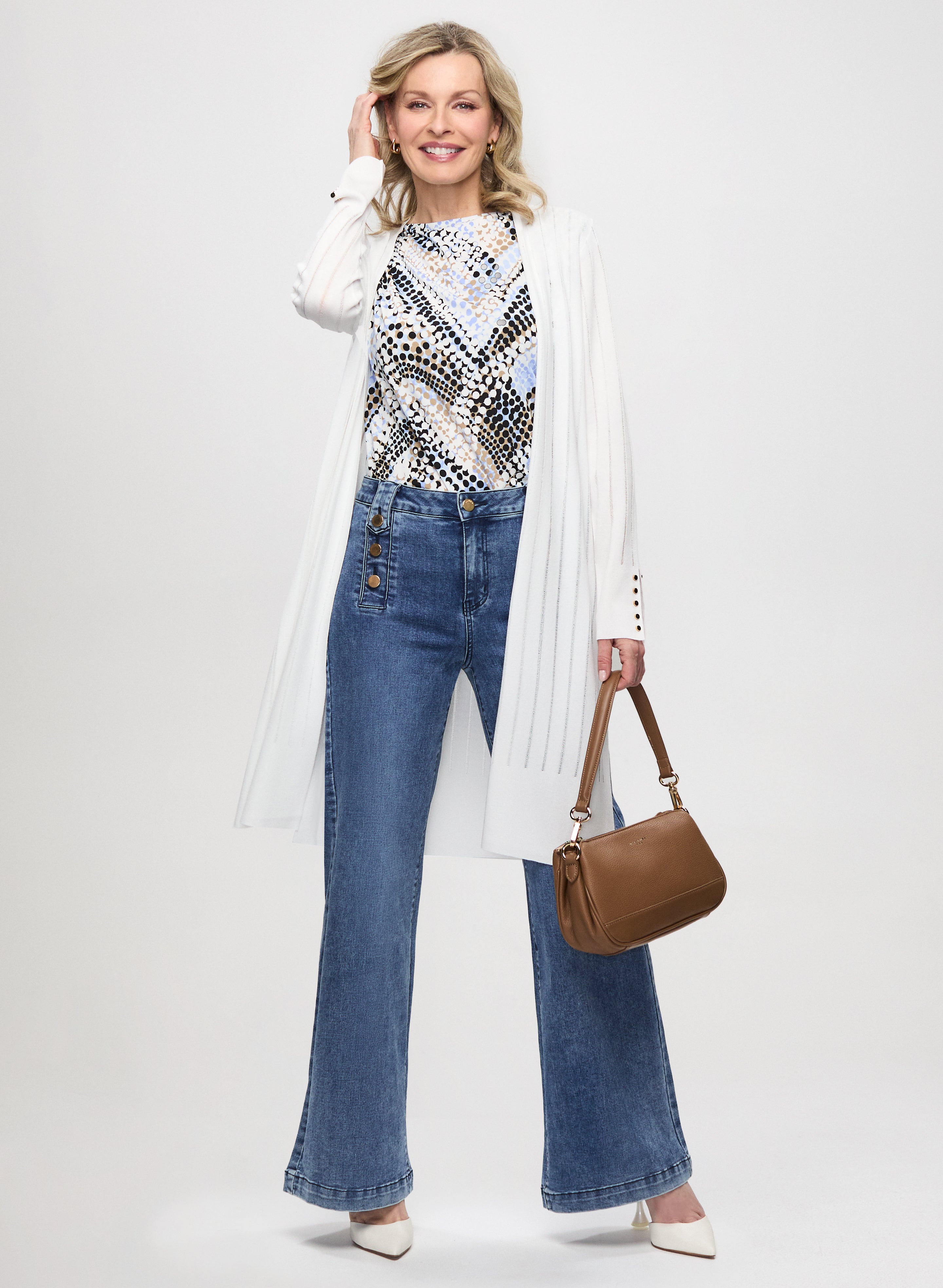 Pointelle Knit Cardigan Wide Leg Jeans