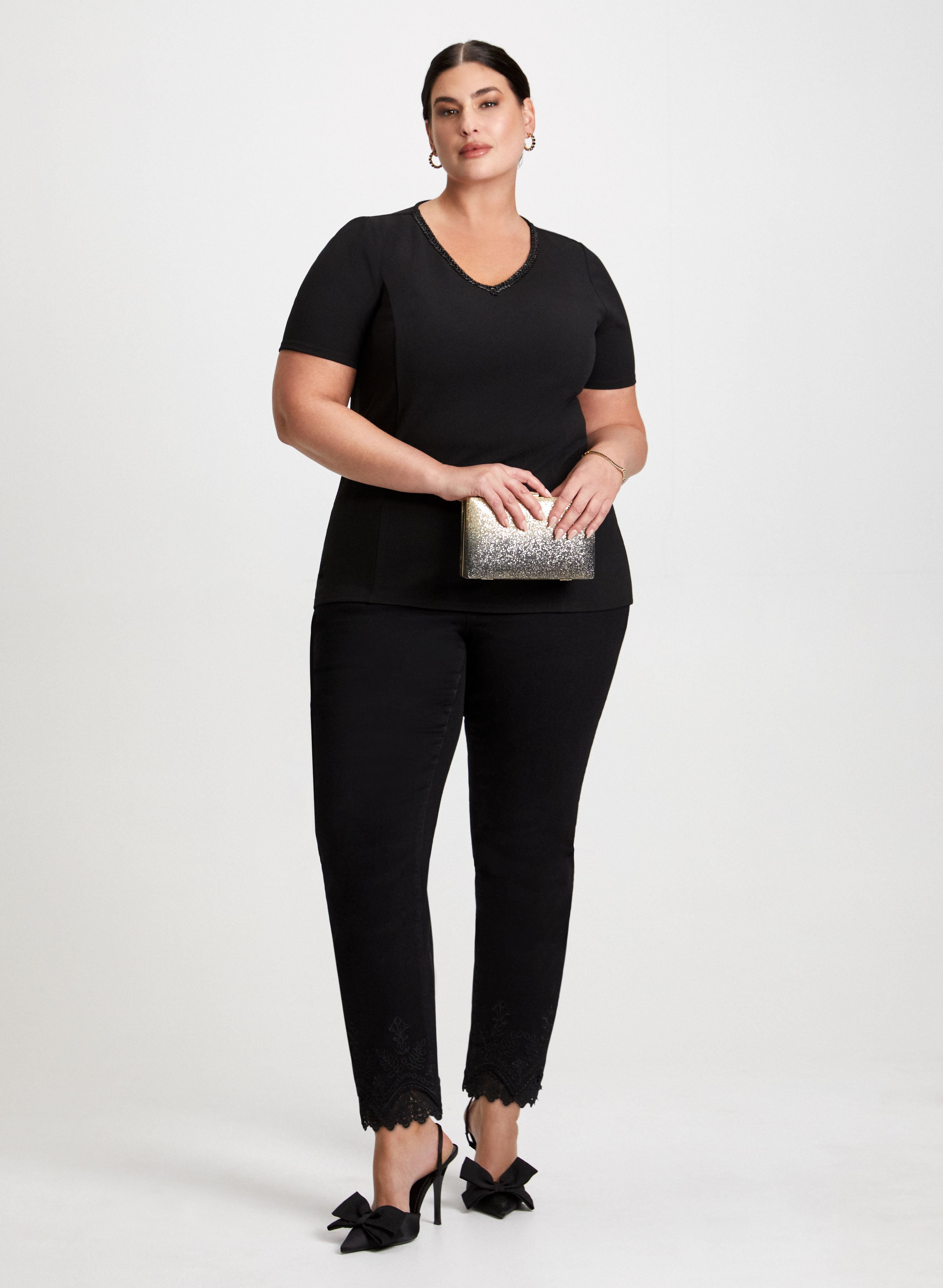 Beaded V Neck Top Lace Hem Pants