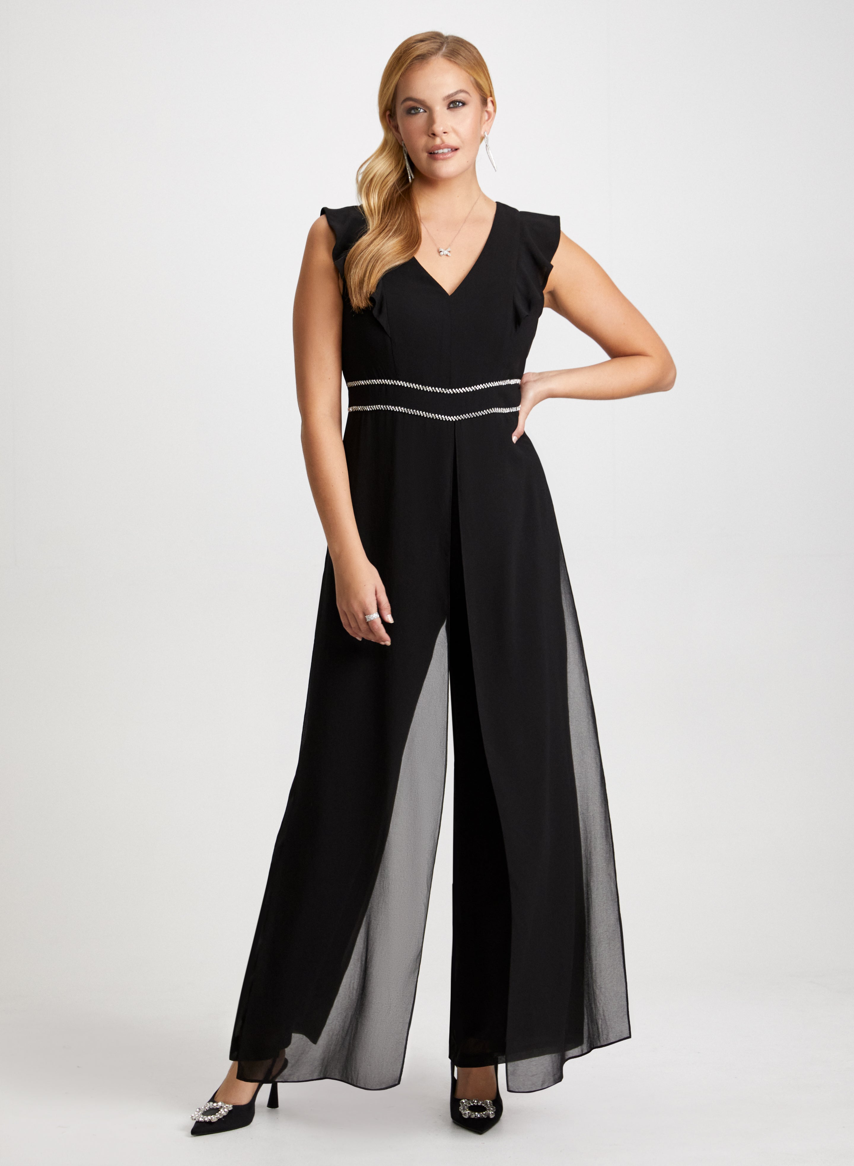 Chiffon Overlay Jumpsuit Crystal Earrings