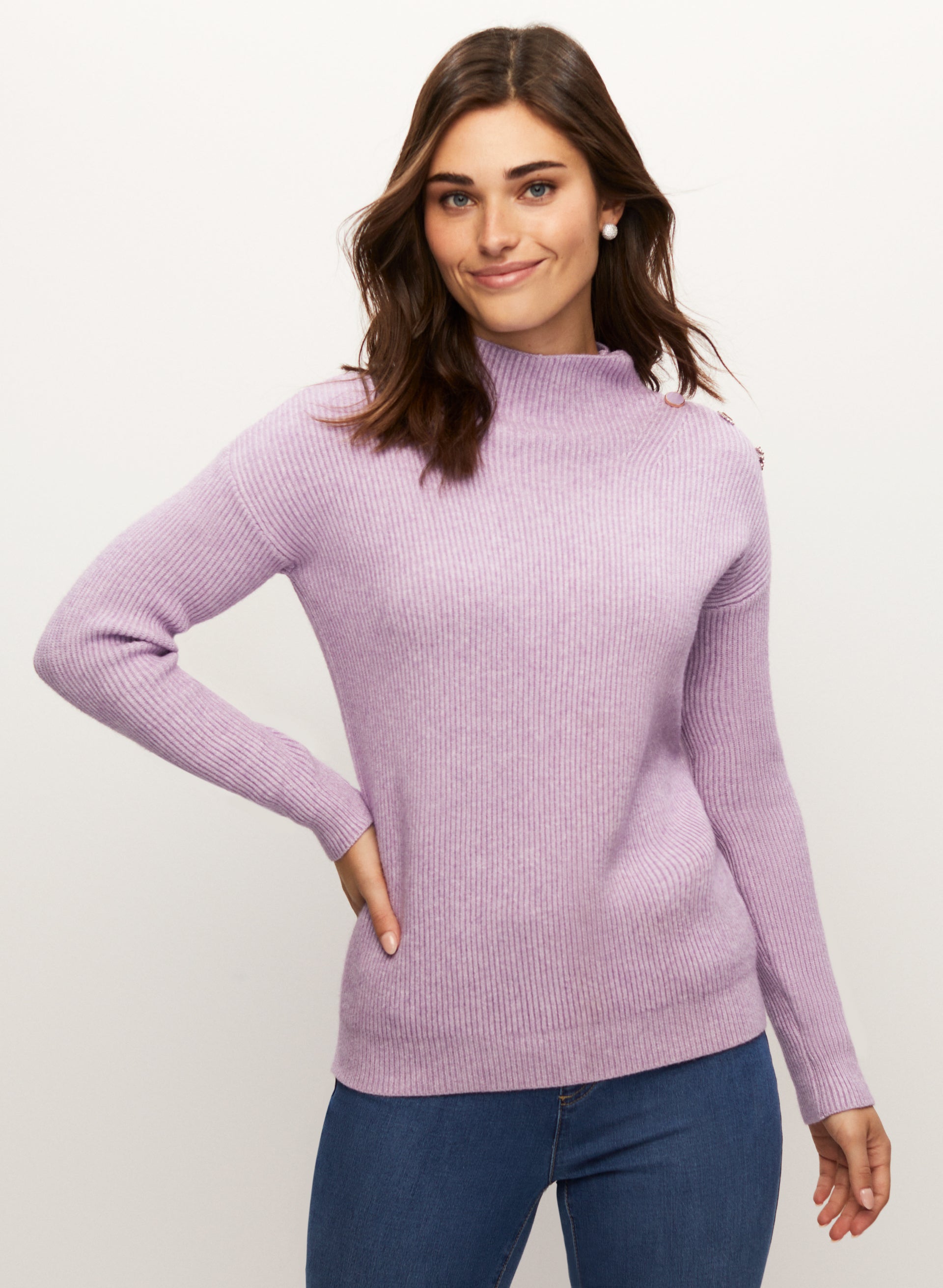 Button mock neck sweater on sale