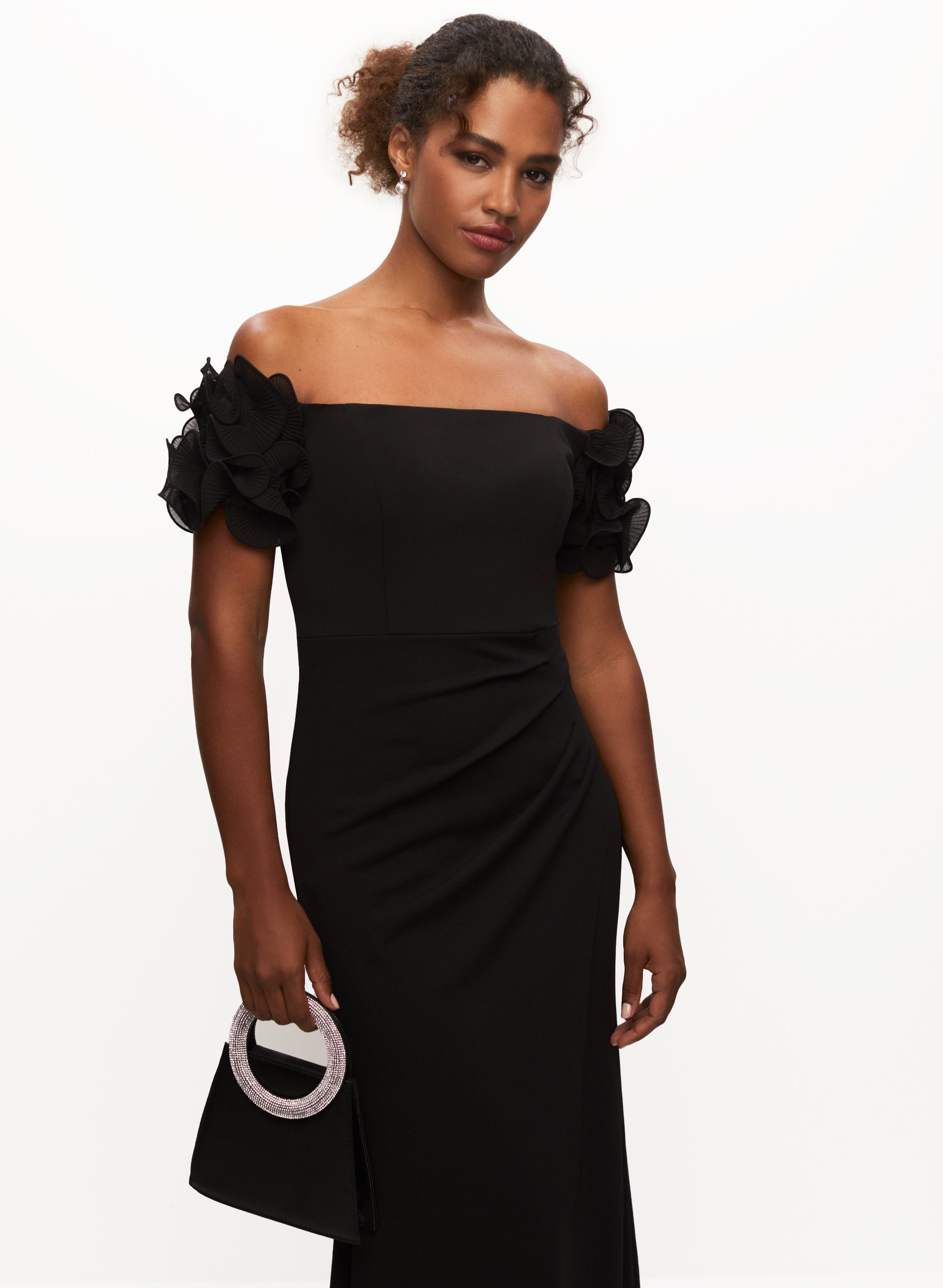 Black off the shoulder dress with flowers sales