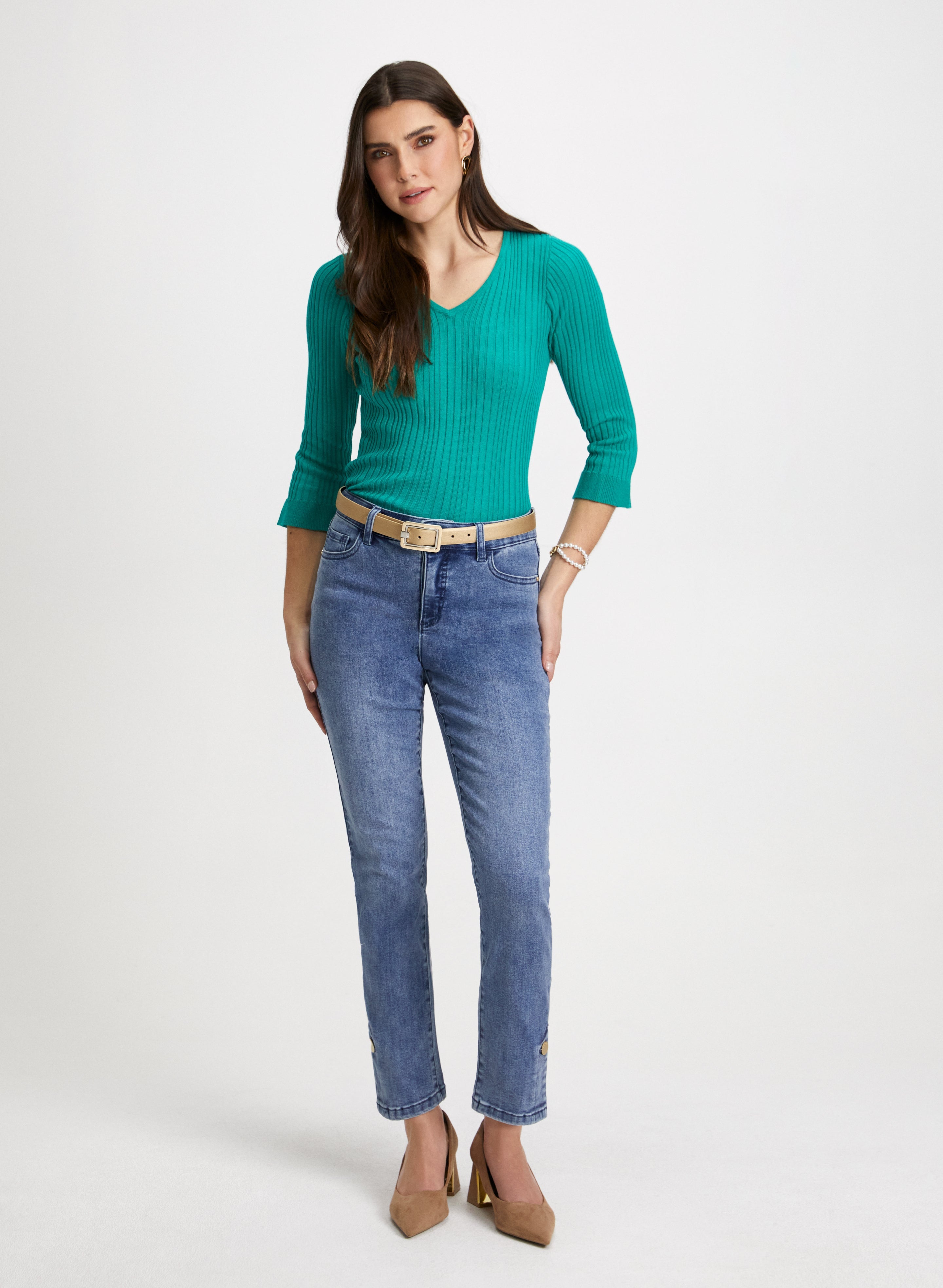 Ruffle Cuff V Neck Sweater Button Hem Jeans
