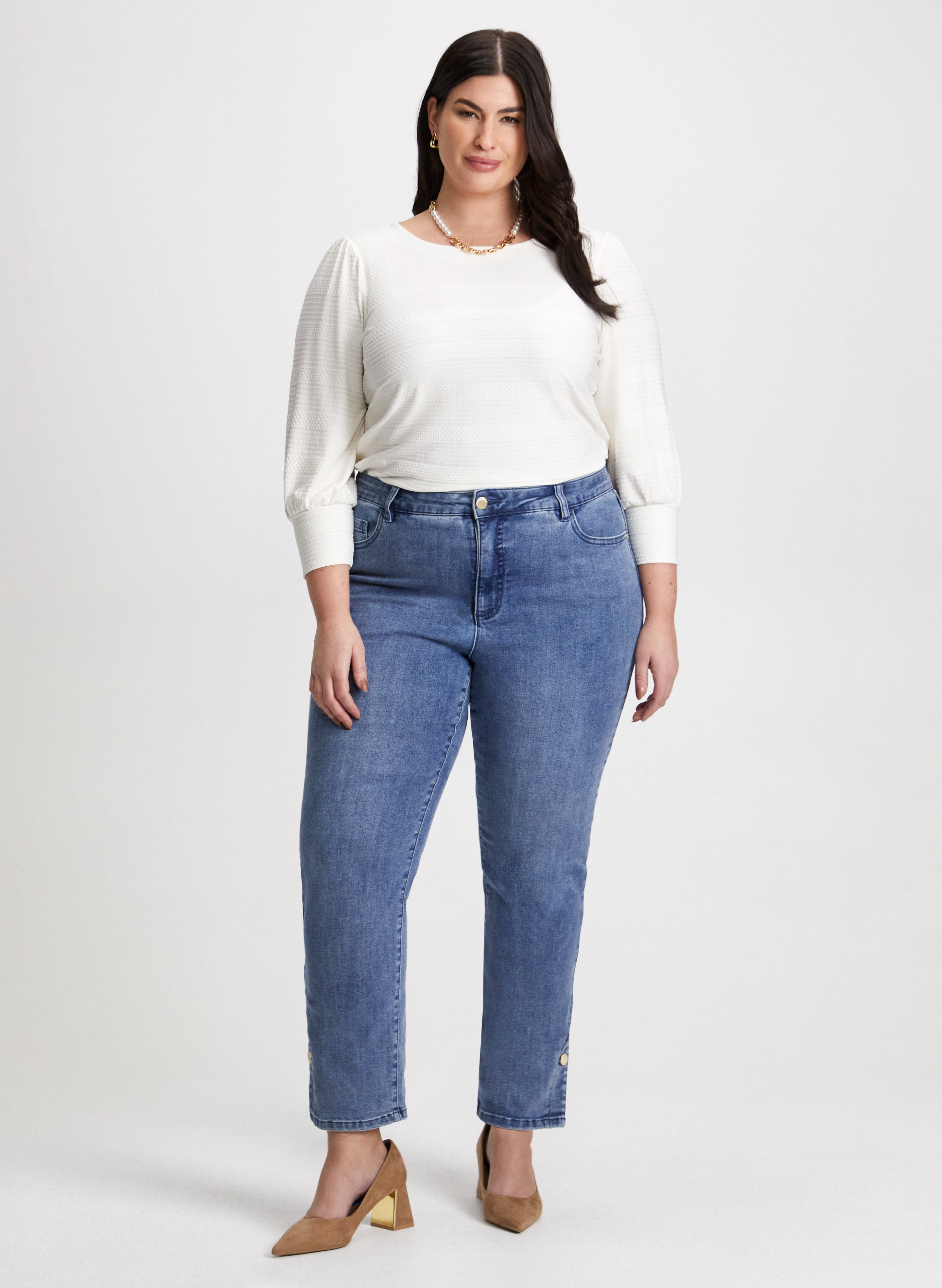 Striped Jacquard Top Slit Hem Jeans