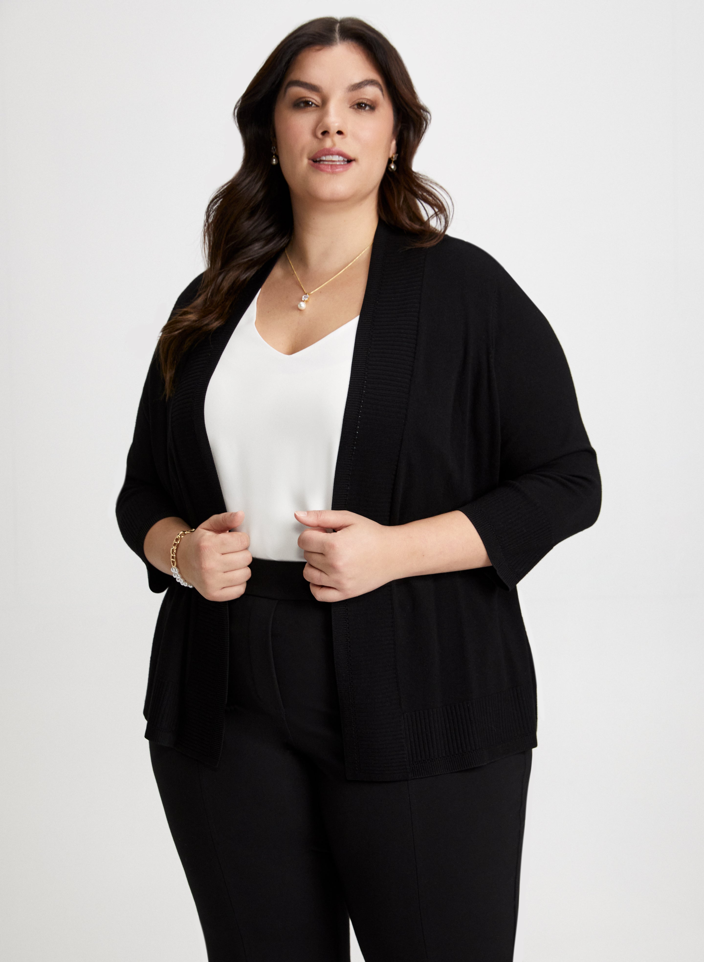 Laura Plus Women s Viscose Nylon Open Front Knit Cardigan in Black Size X