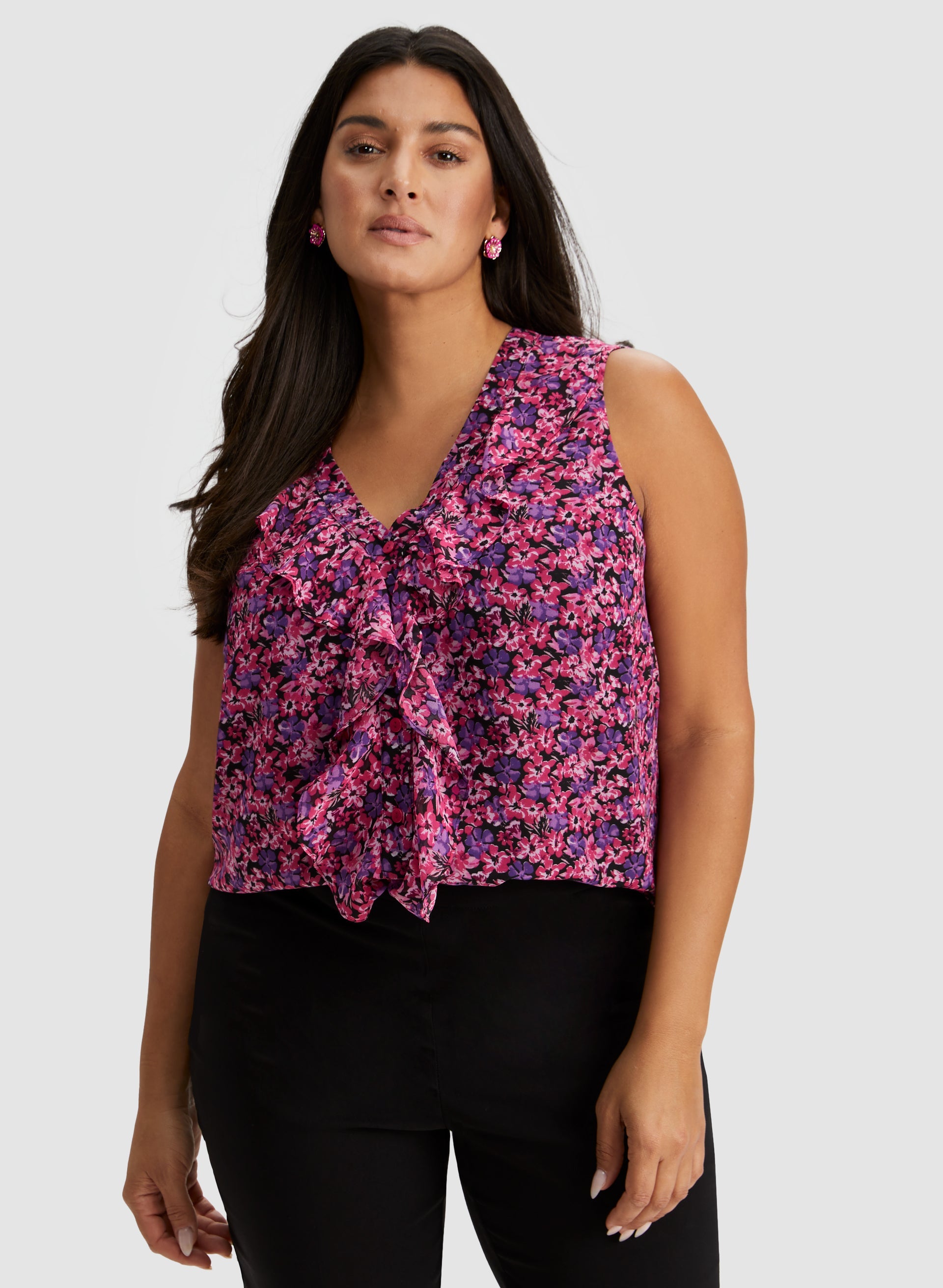 Floral Print Sleeveless Ruffle Blouse