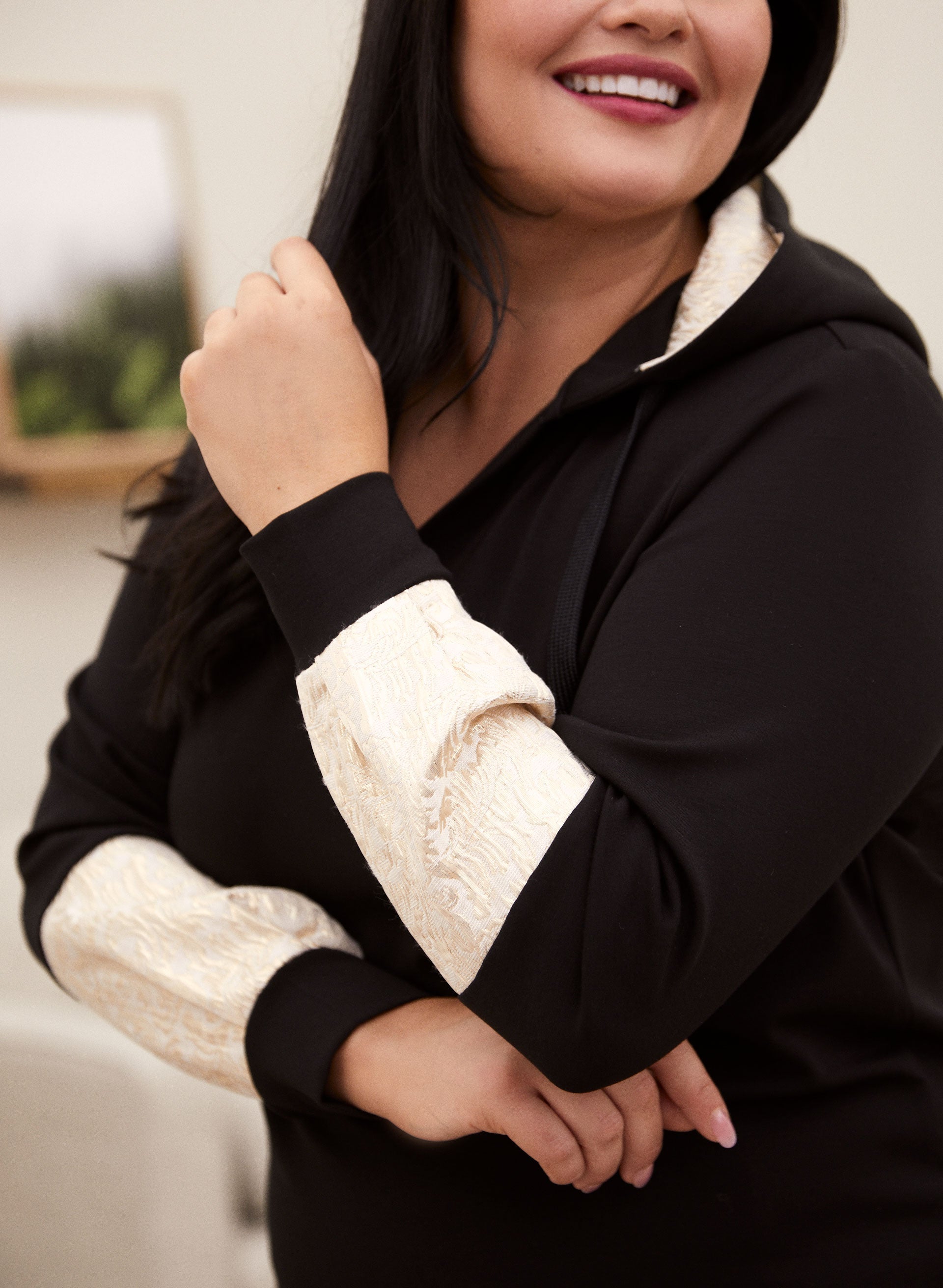Laura Plus Women s Nylon Rayon Spandex Cuff Detail Hooded Tunic in Black Size 1X