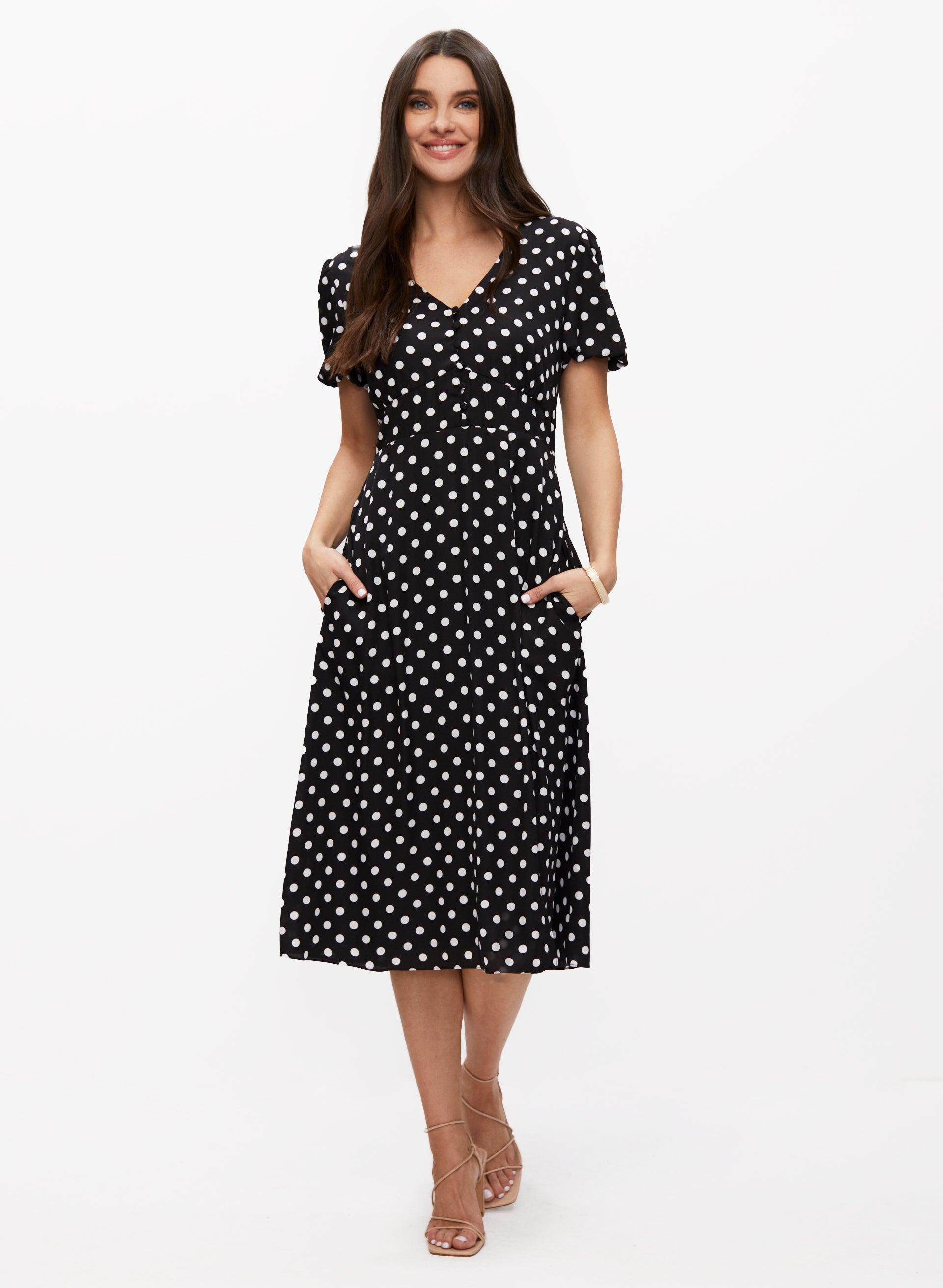 Black polka dot dress midi hotsell