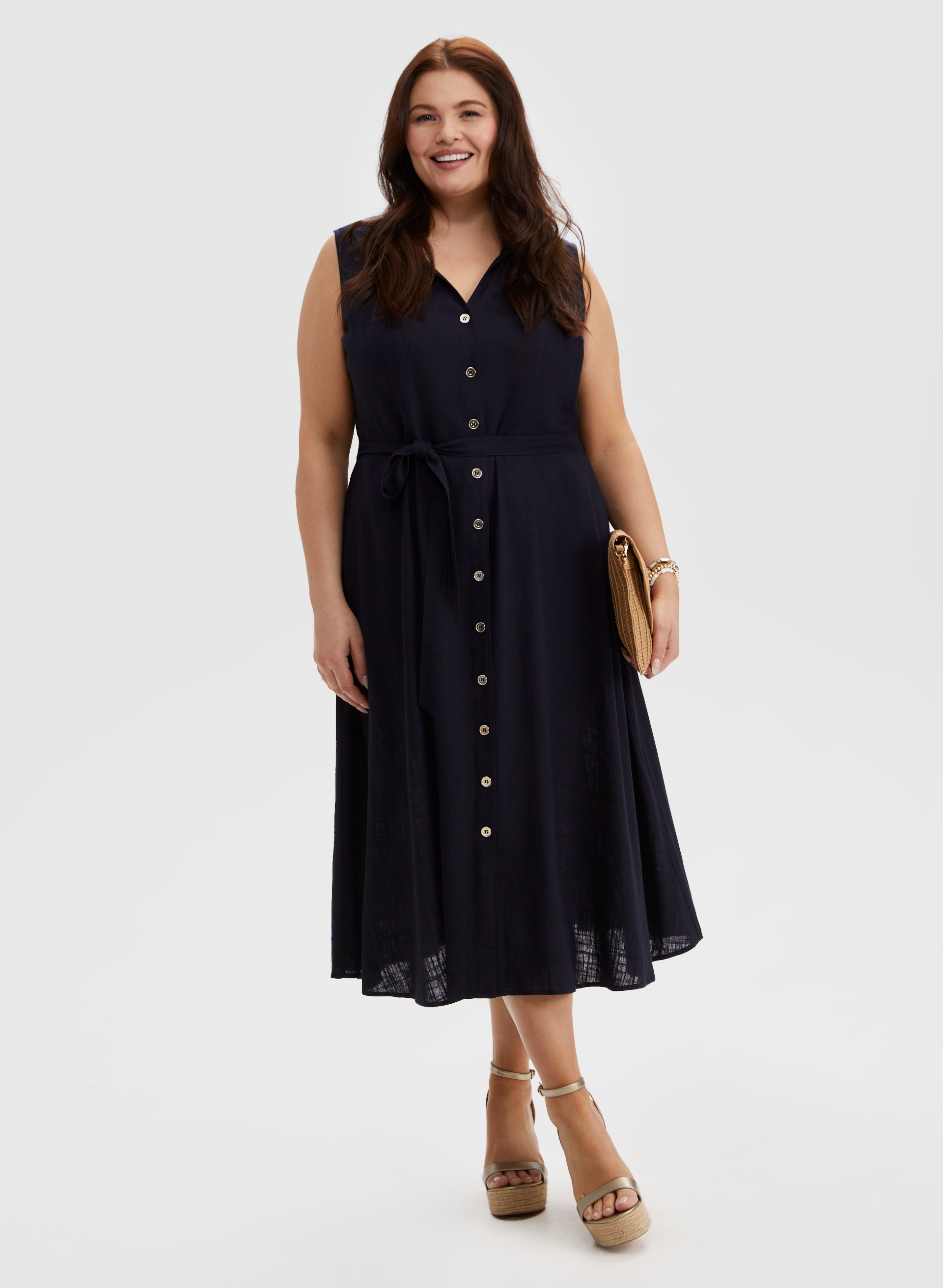 Linen-Blend Midi Dress