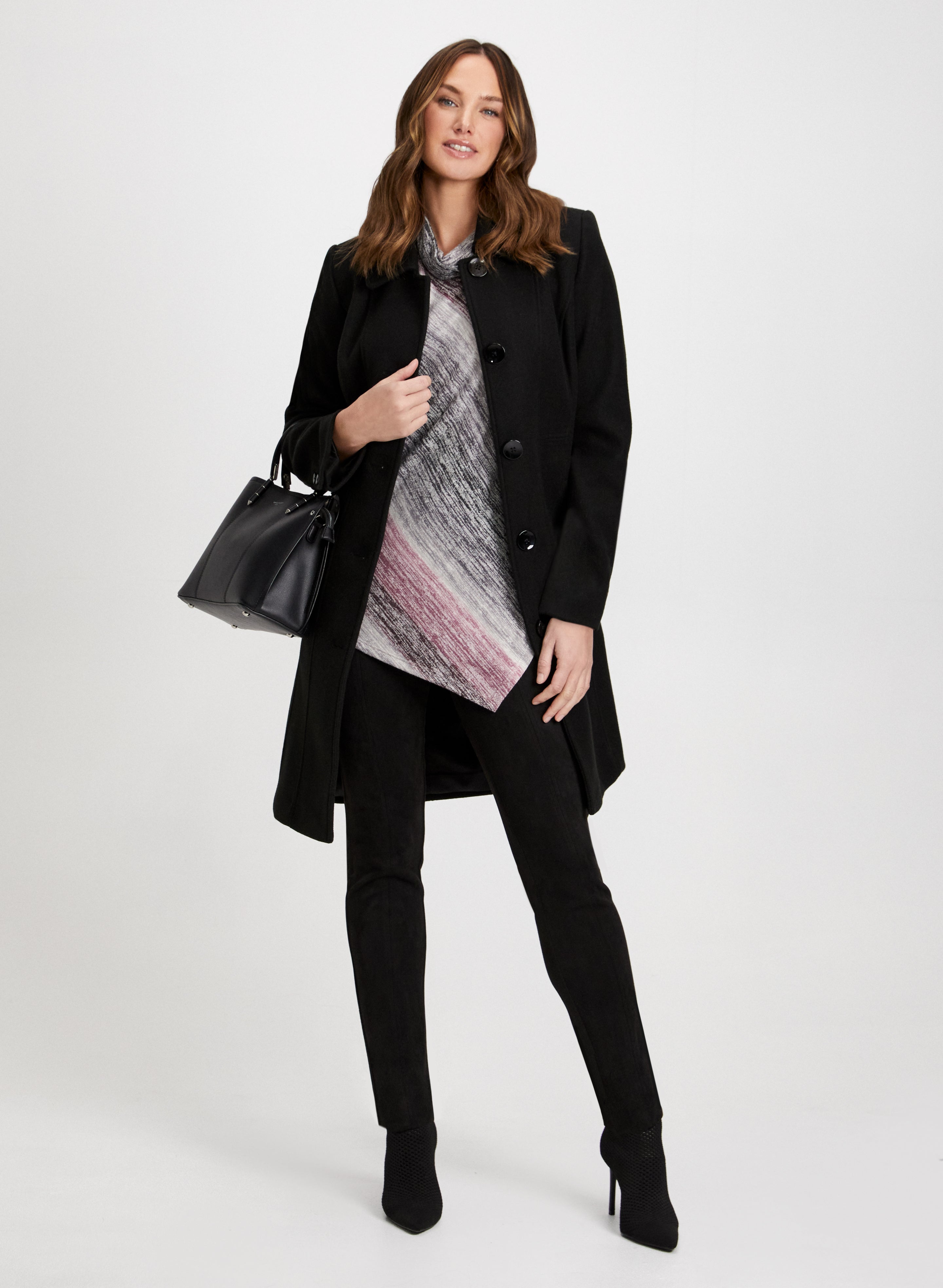 Wool Blend Coat, Asymmetric Stripe Print Top & Leggings