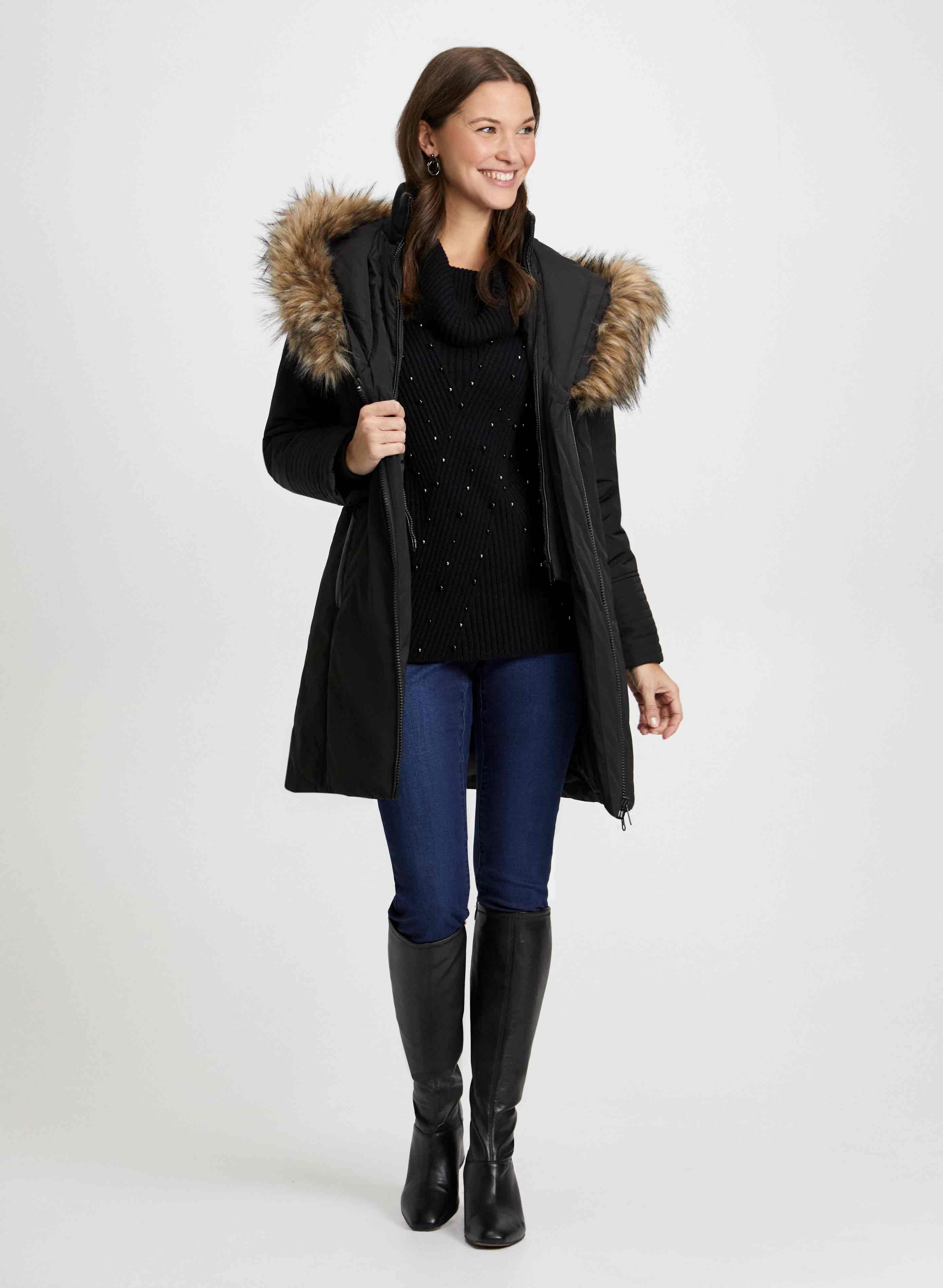 Vegan Down Coat Cowl Neck Sweater