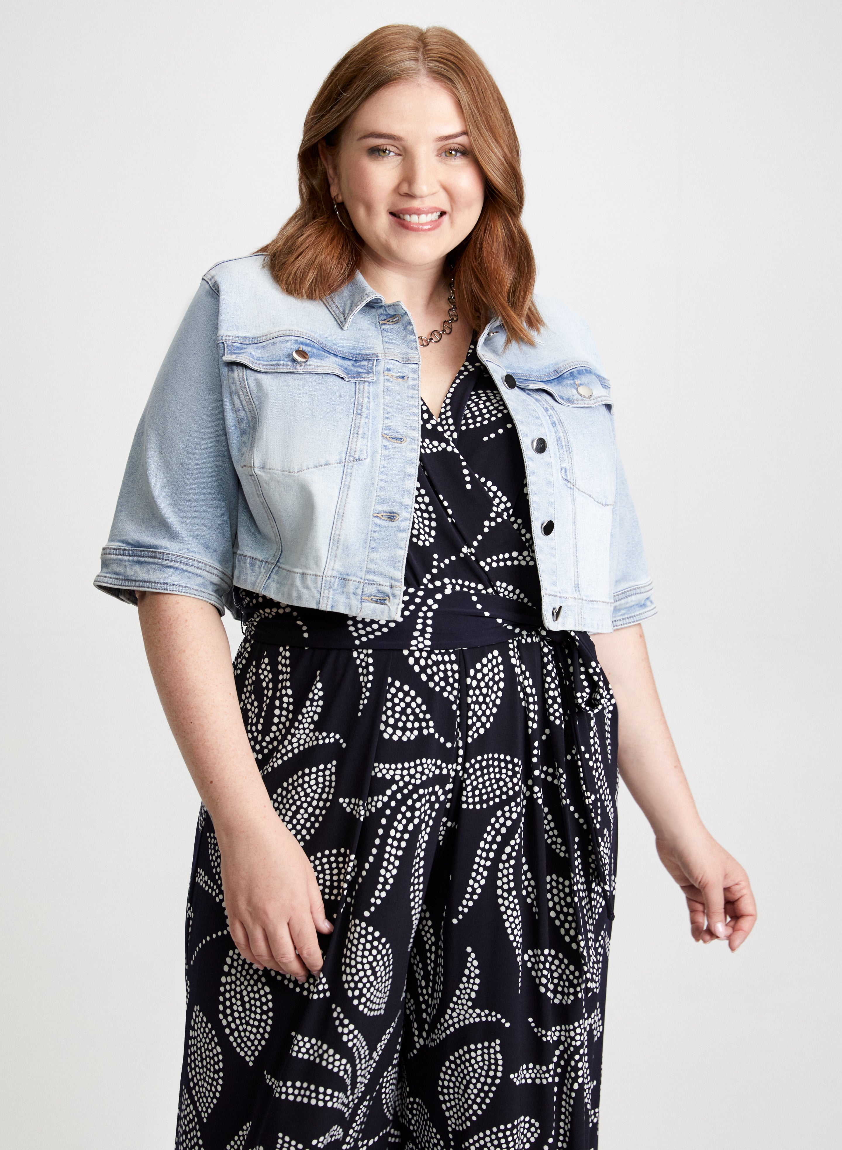 Cropped Denim Jacket Leaf Print Jumpsuit