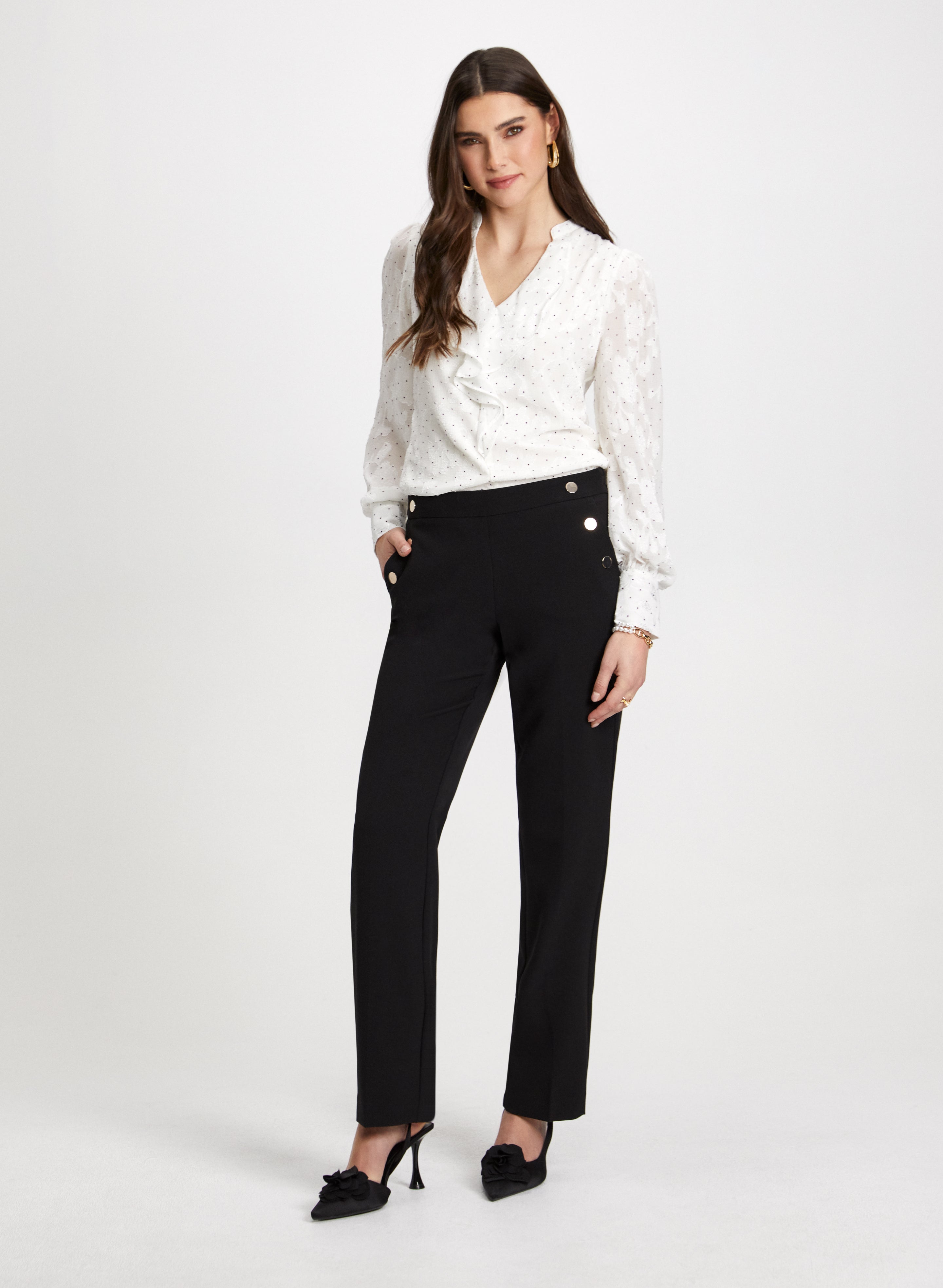 Mixed Print Ruffle Front Blouse & Straight Leg Pants Mixed Print Ruffle Front Blouse & Straight Leg Pants