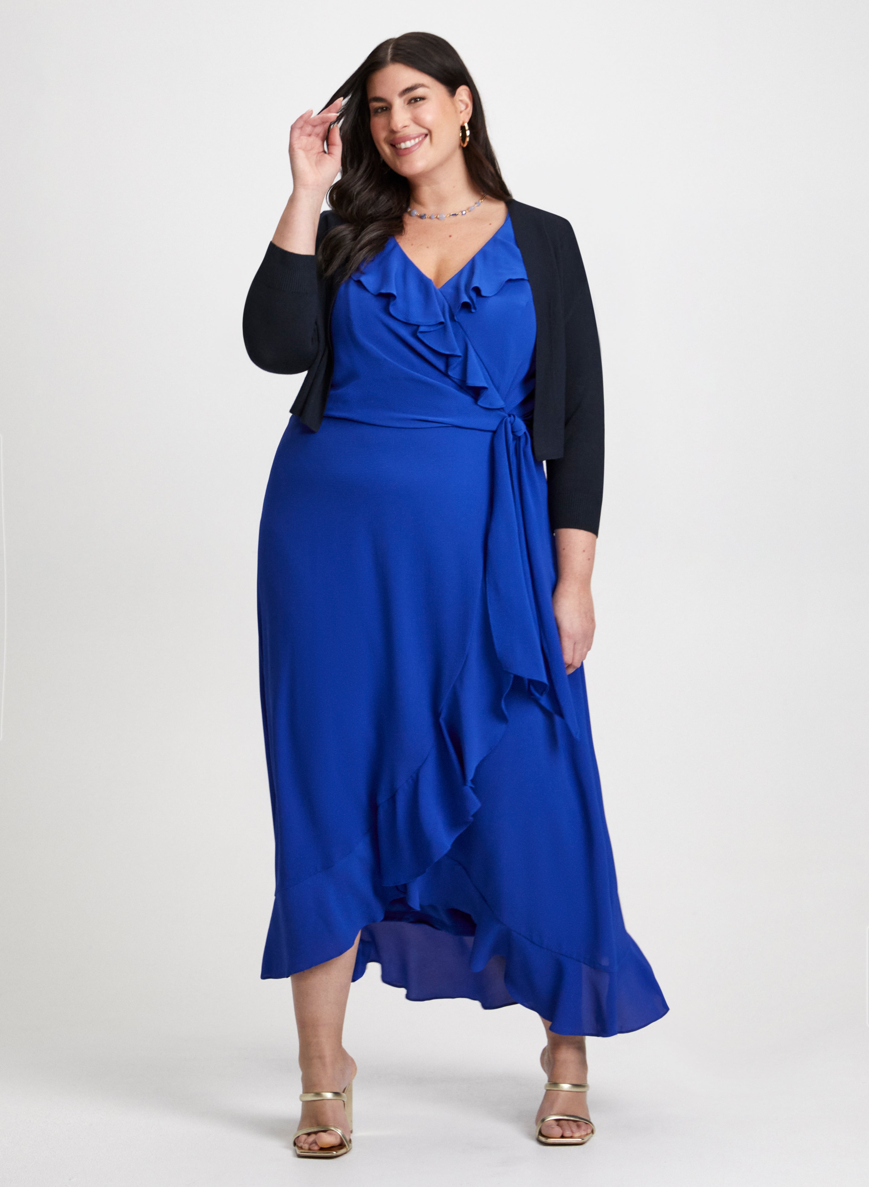 Ribbed Knit Cardigan Wrap Style Ruffle Dress