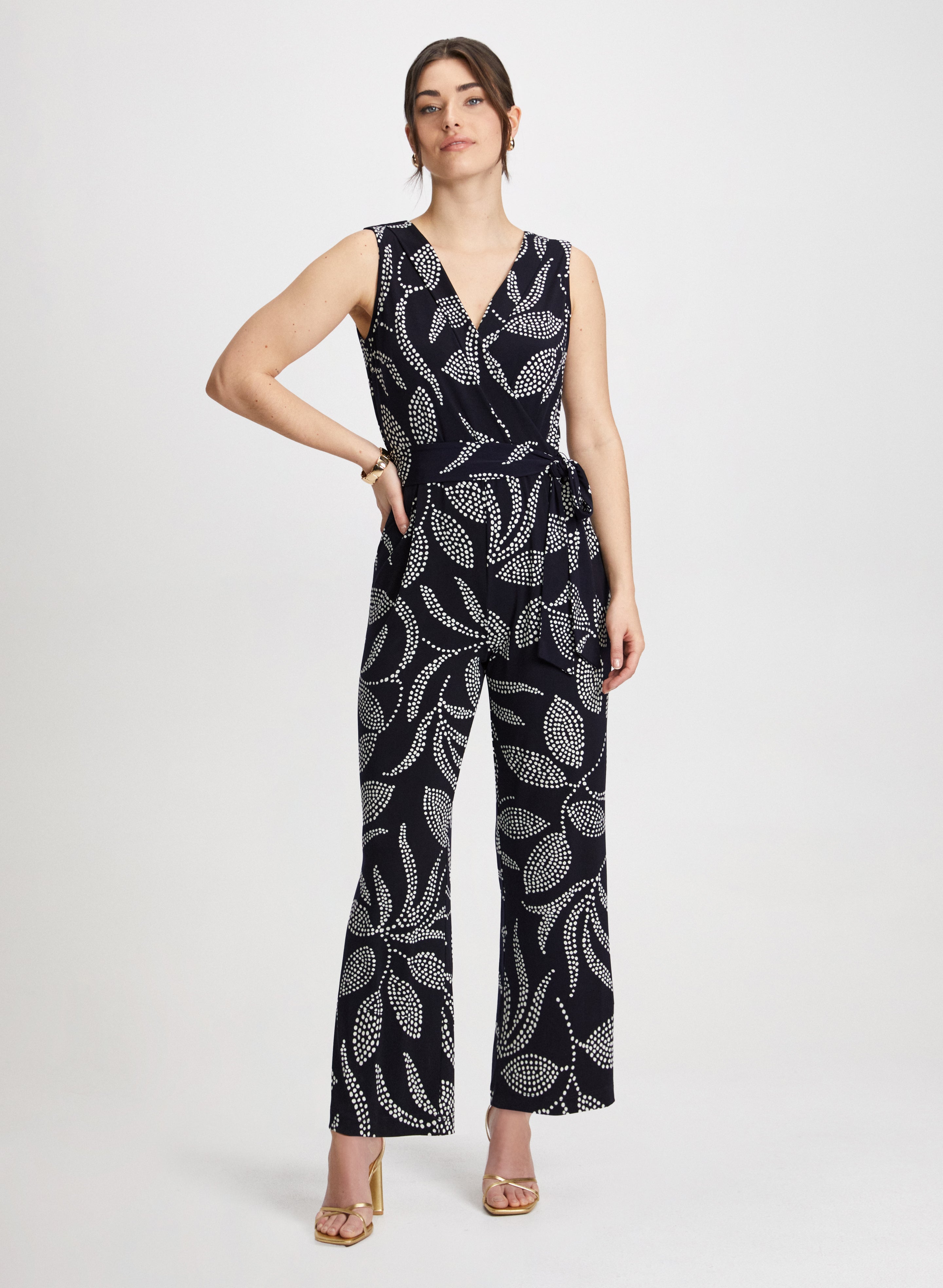 Leaf Print Jumpsuit Half Hoop Earrings