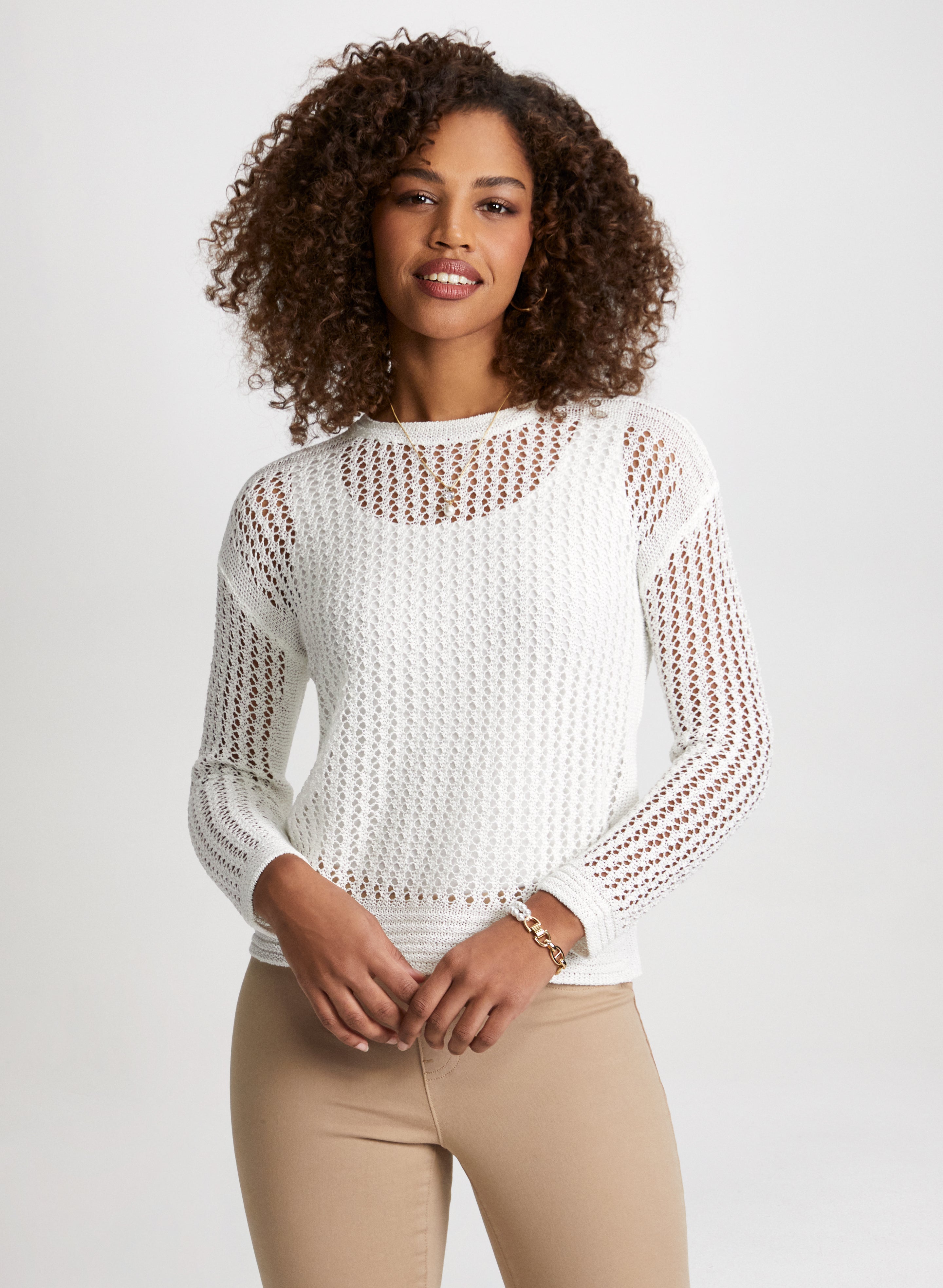 Lucky Brand Women's Open Stitch Pullover Sweater Whisper White at   Women's Clothing store