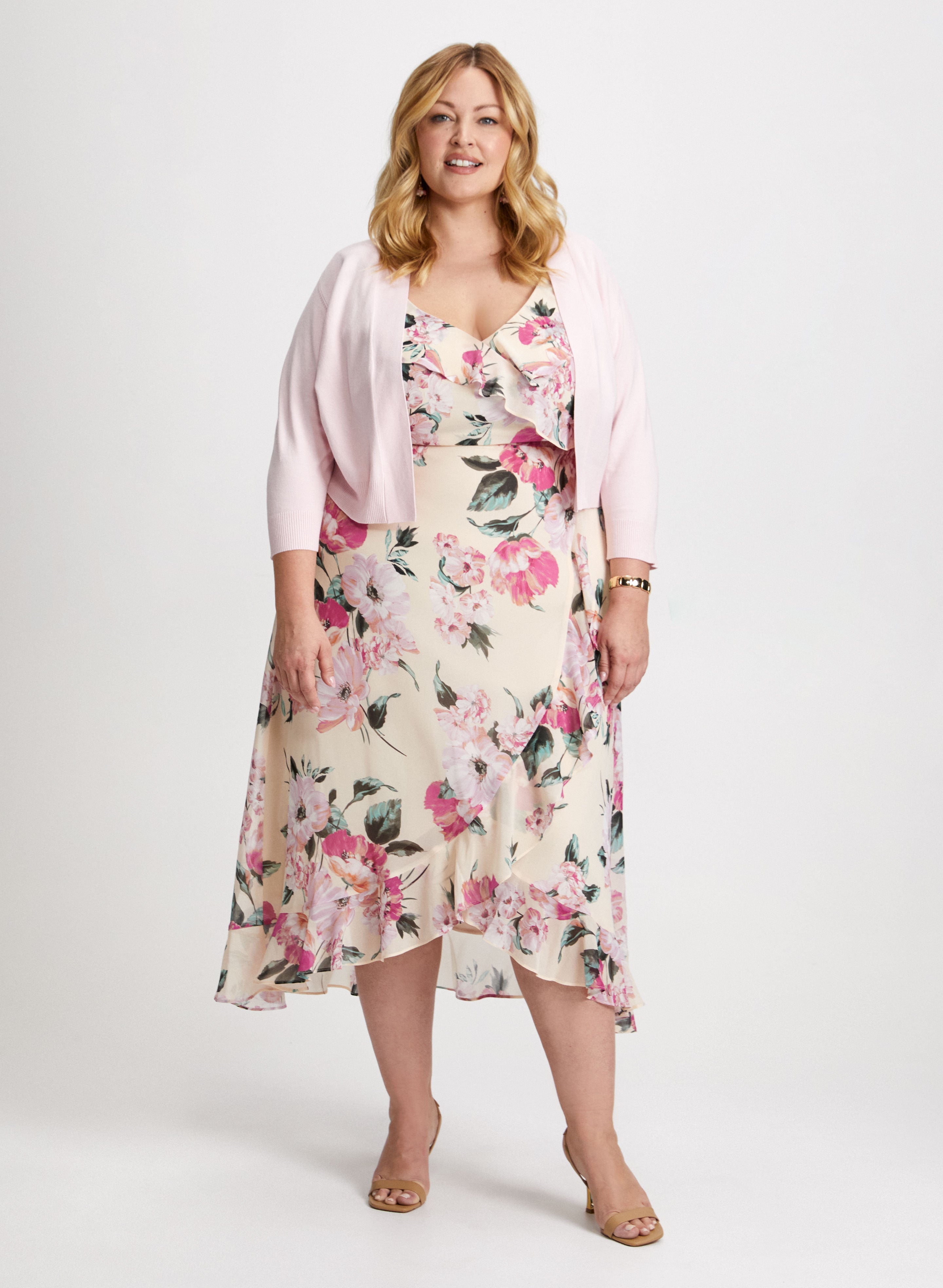 Ribbed Knit Cardigan & Floral Dress Ribbed Knit Cardigan & Floral Dress
