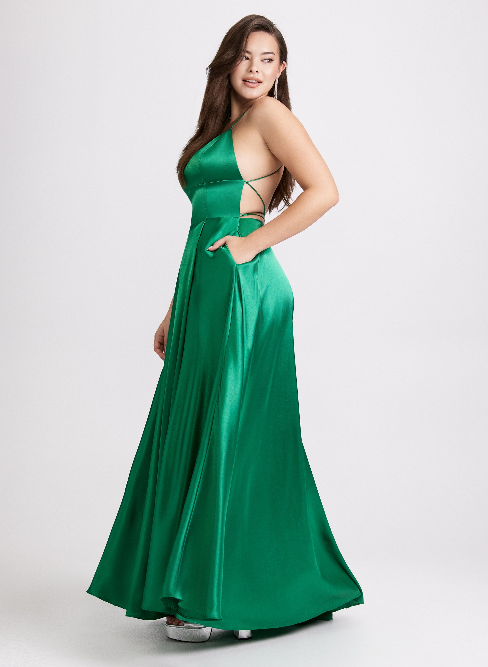 open lace back dress Marcella Ruffle Slit Satin Dress Merlot / M main image 0