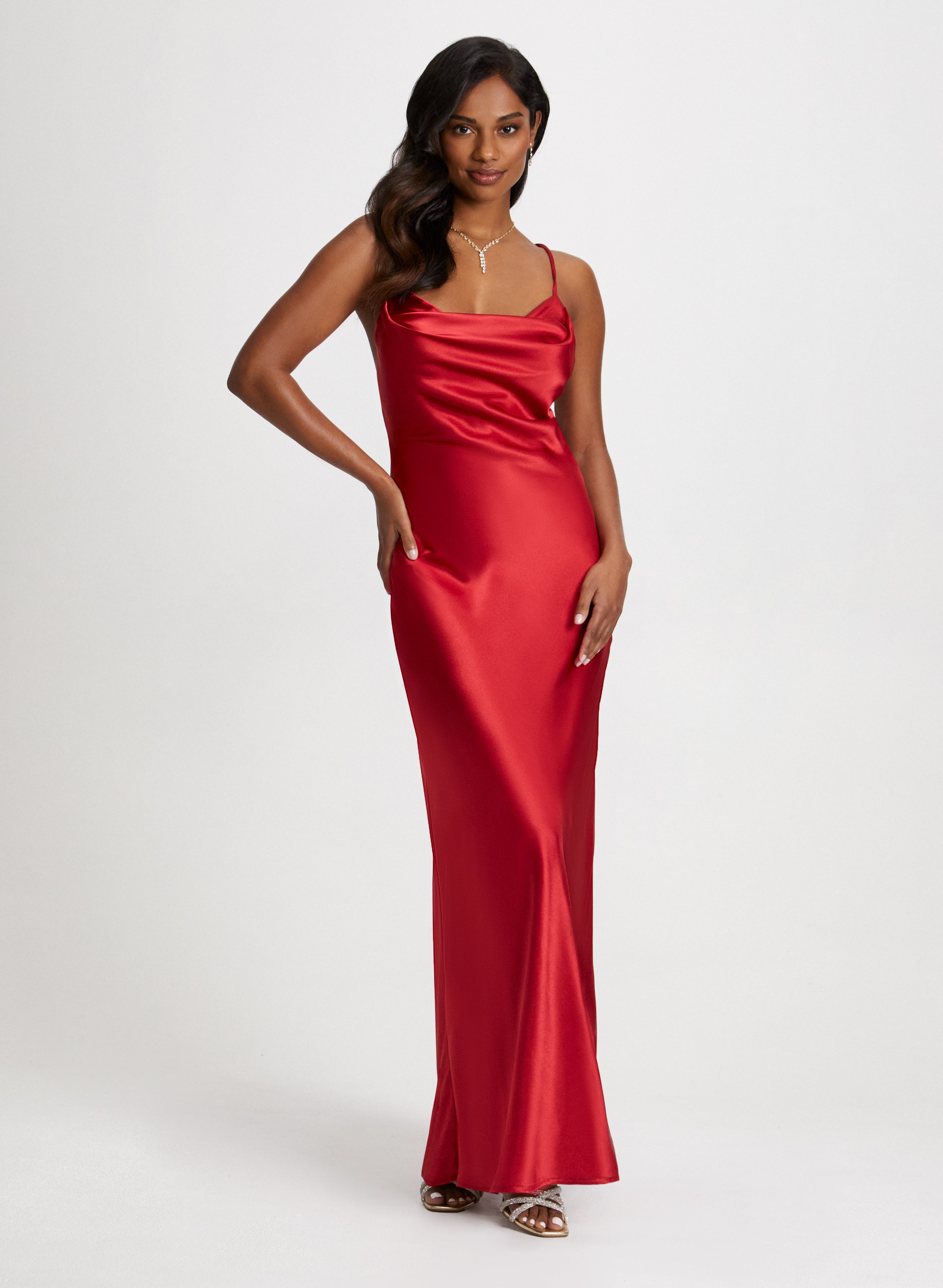 Drape Neck Satin Dress & Crystal Y Necklace Drape Neck Satin Dress & Crystal Y Necklace