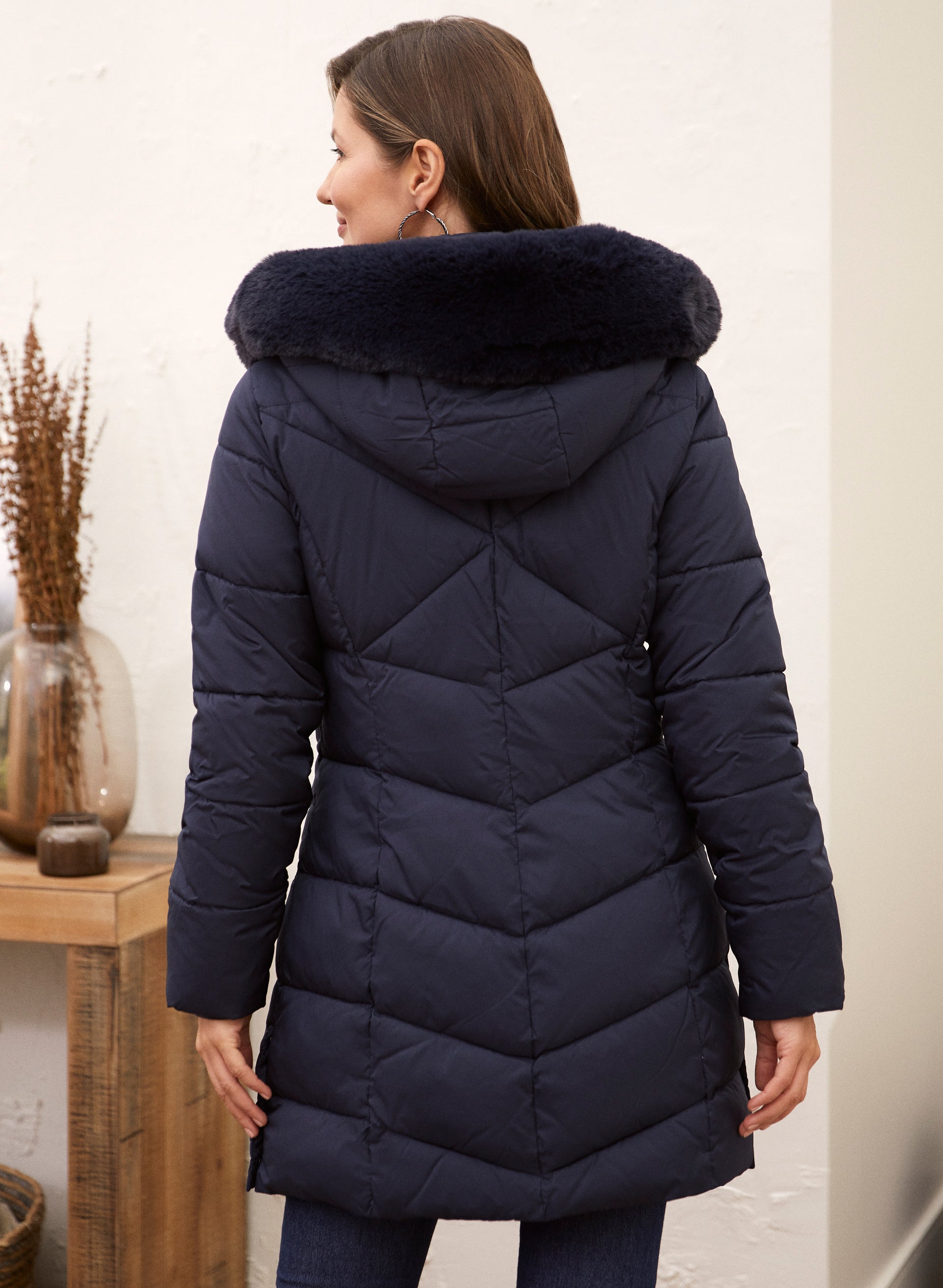 QUILTED HOODED ANORAK WITH FAUX FUR INNER TRIM