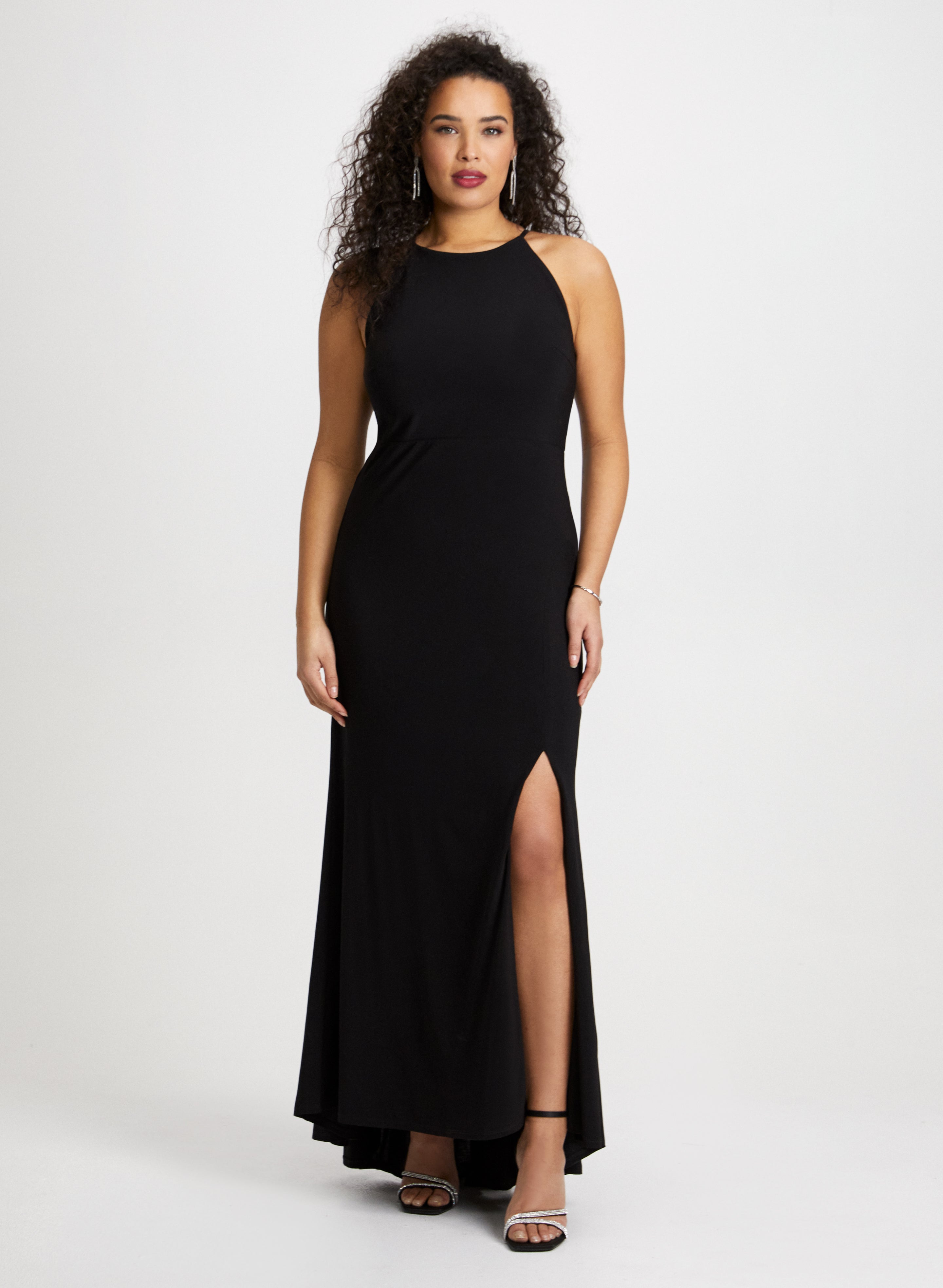 Side Slit Halter Dress & Crystal Strand Earrings Side Slit Halter Dress & Crystal Strand Earrings