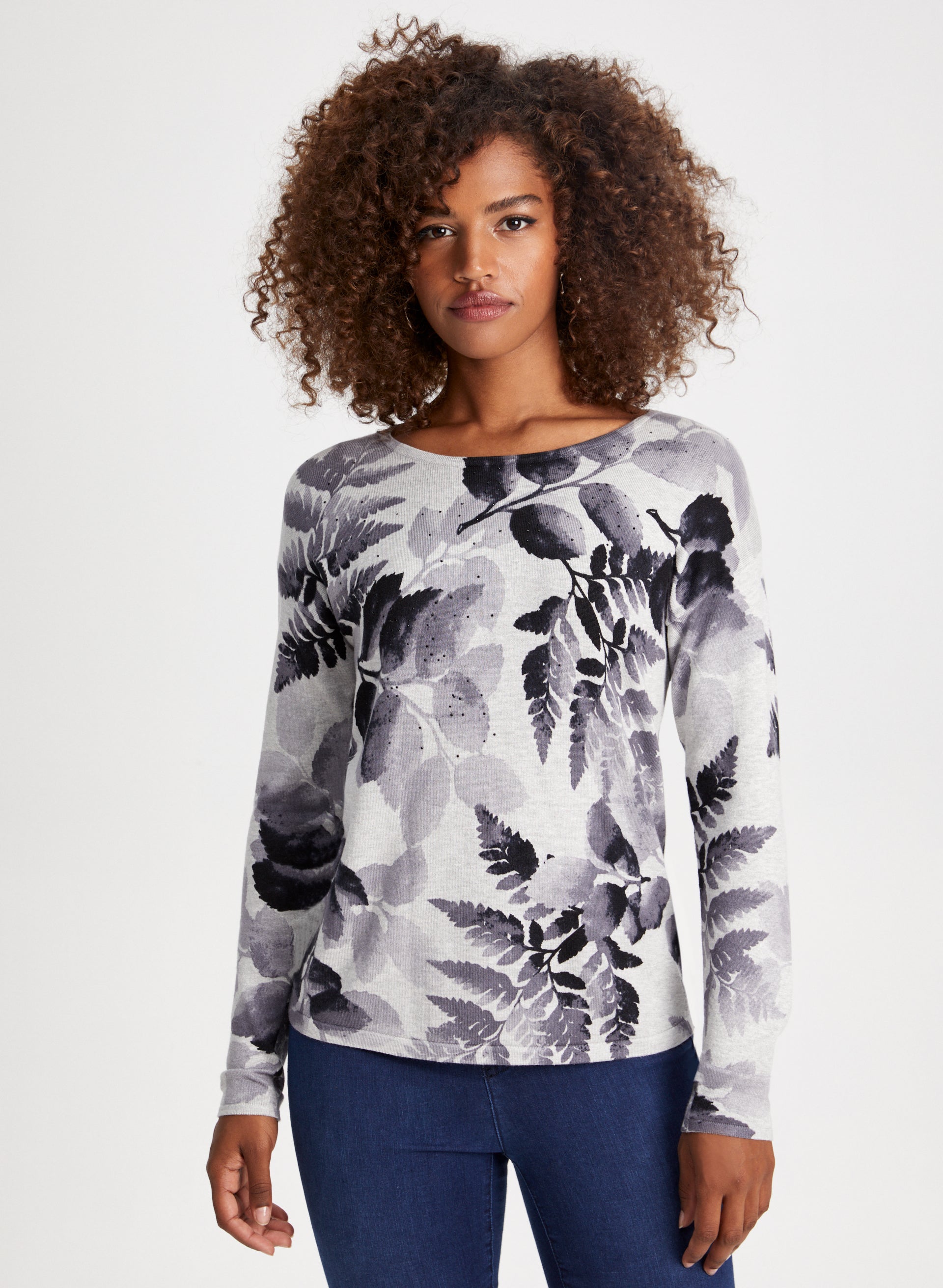 Long Sleeve Leaf Print Top