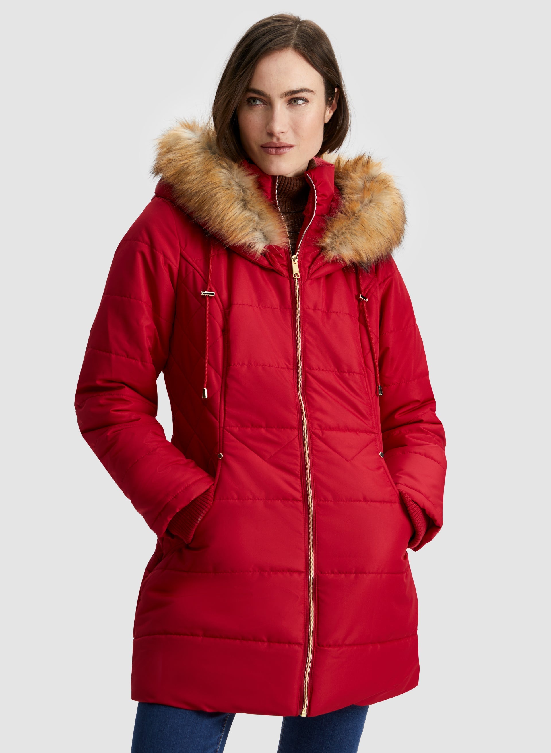 Quilted red jacket deals