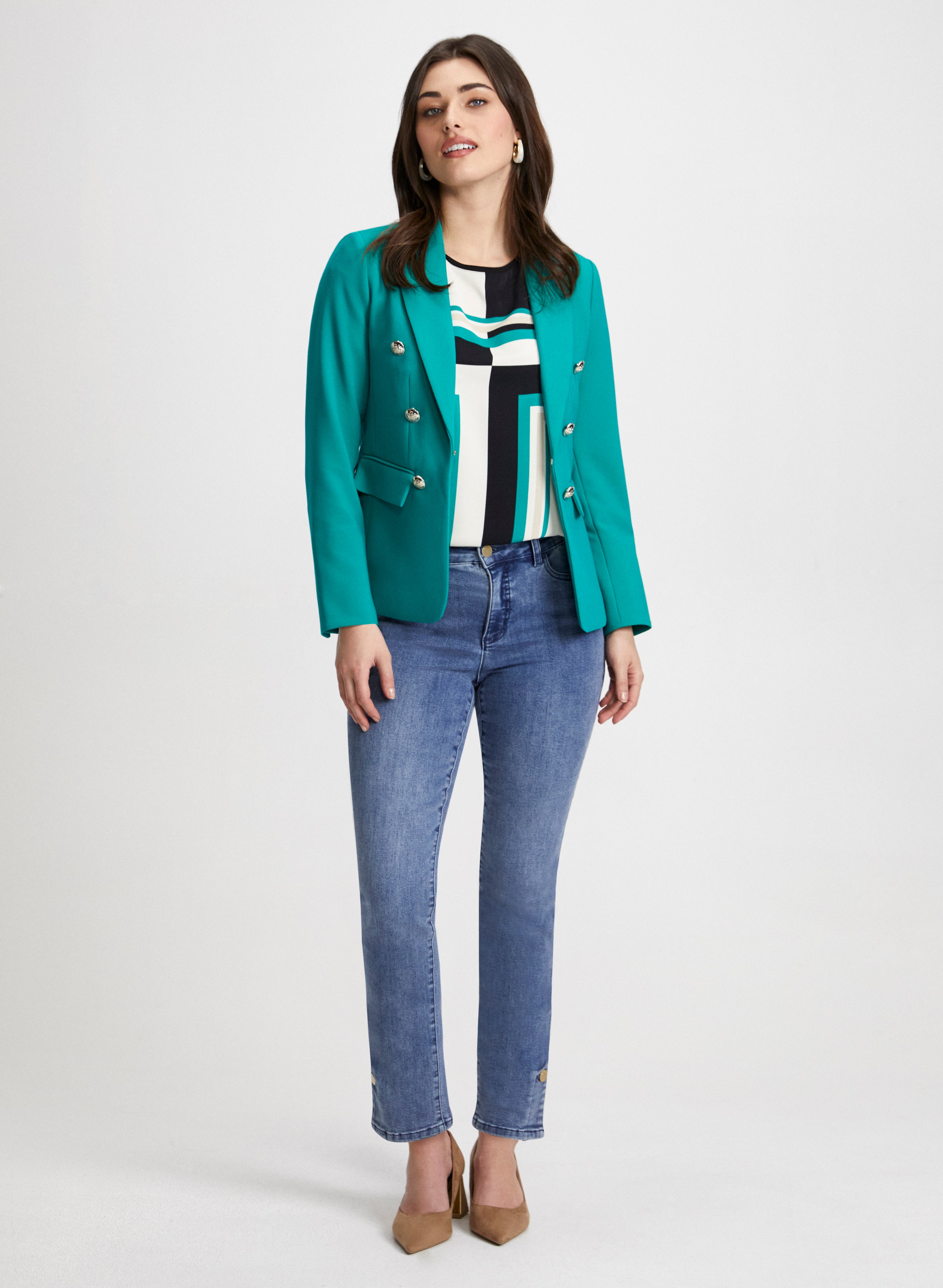Button Detail Blazer Button Hem Jeans
