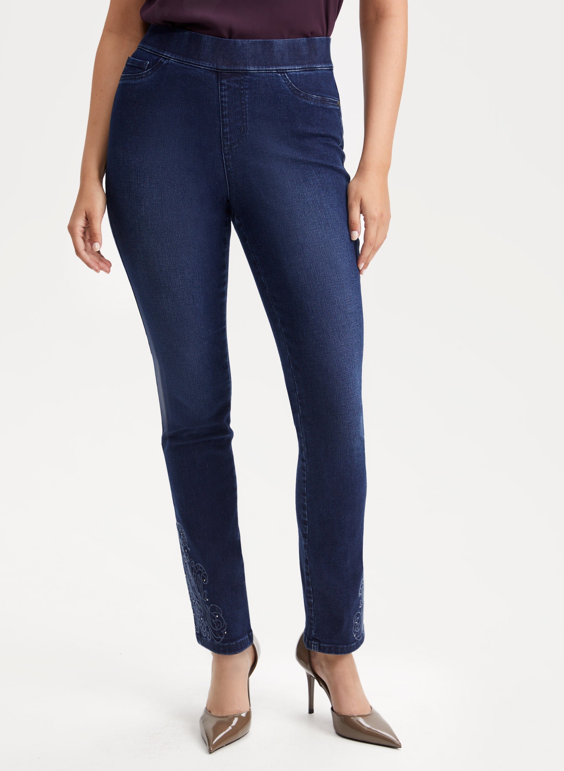 Pull-On Embroidered Hem Jeans