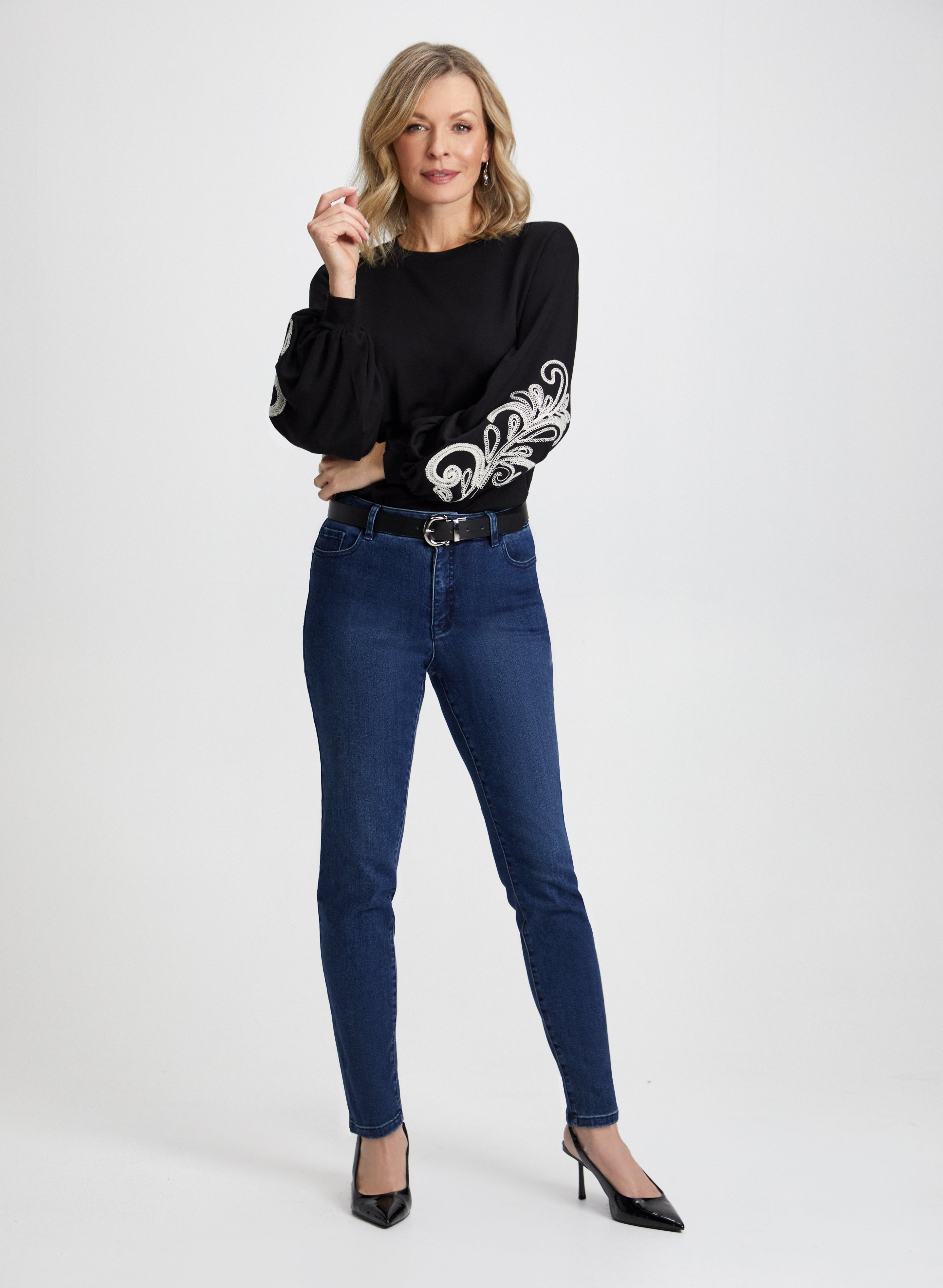 Embroidered Top & Slim Leg Jeans