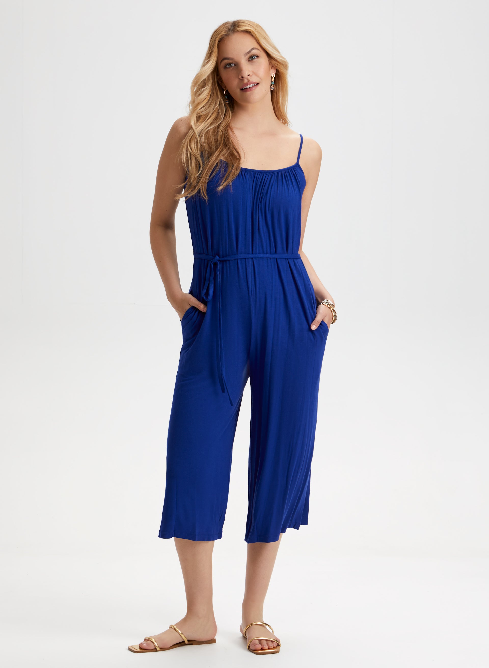 Wide Leg Jersey Jumpsuit with Pockets - Navy