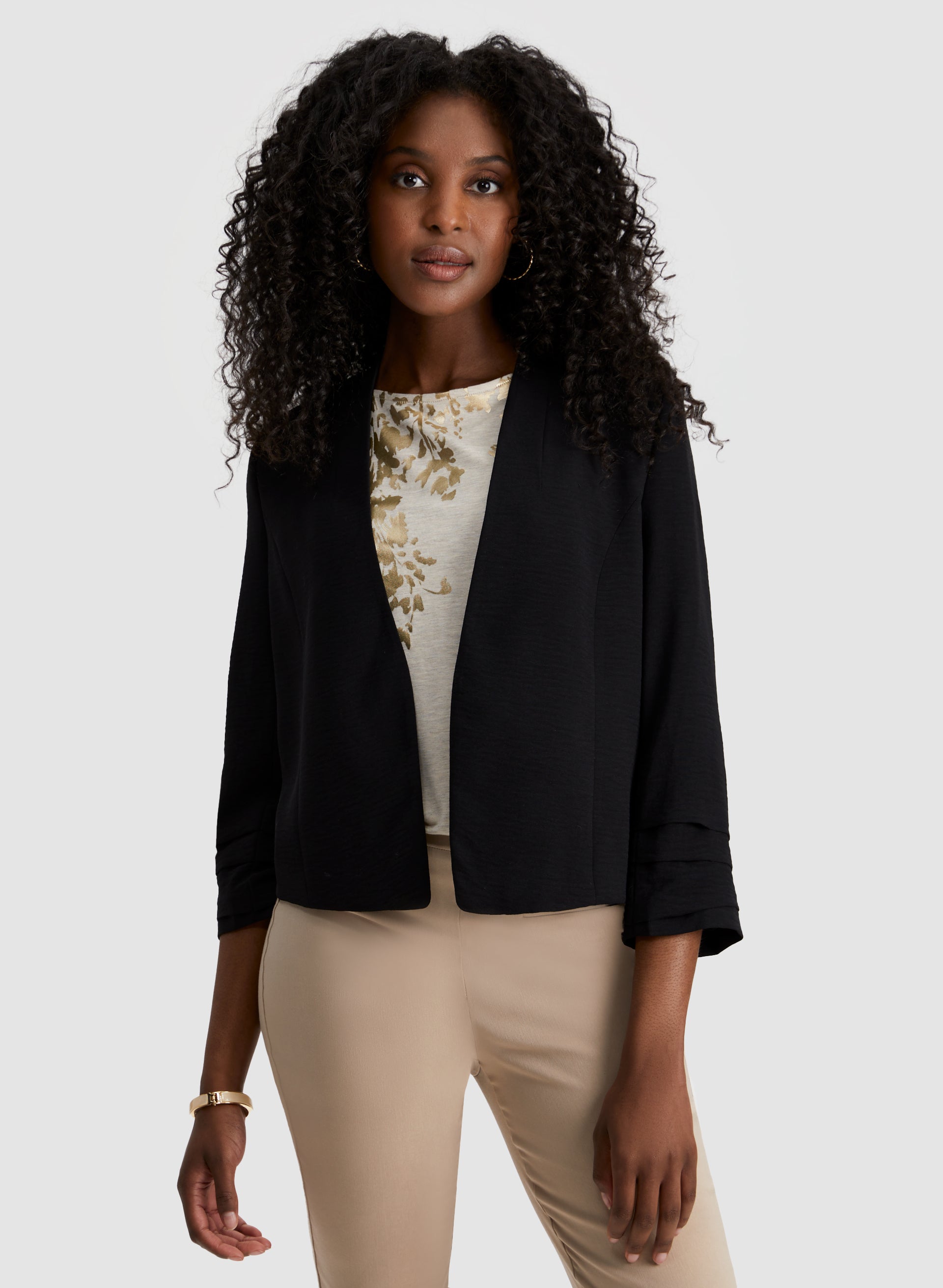 Pleated Sleeve Open Front Jacket