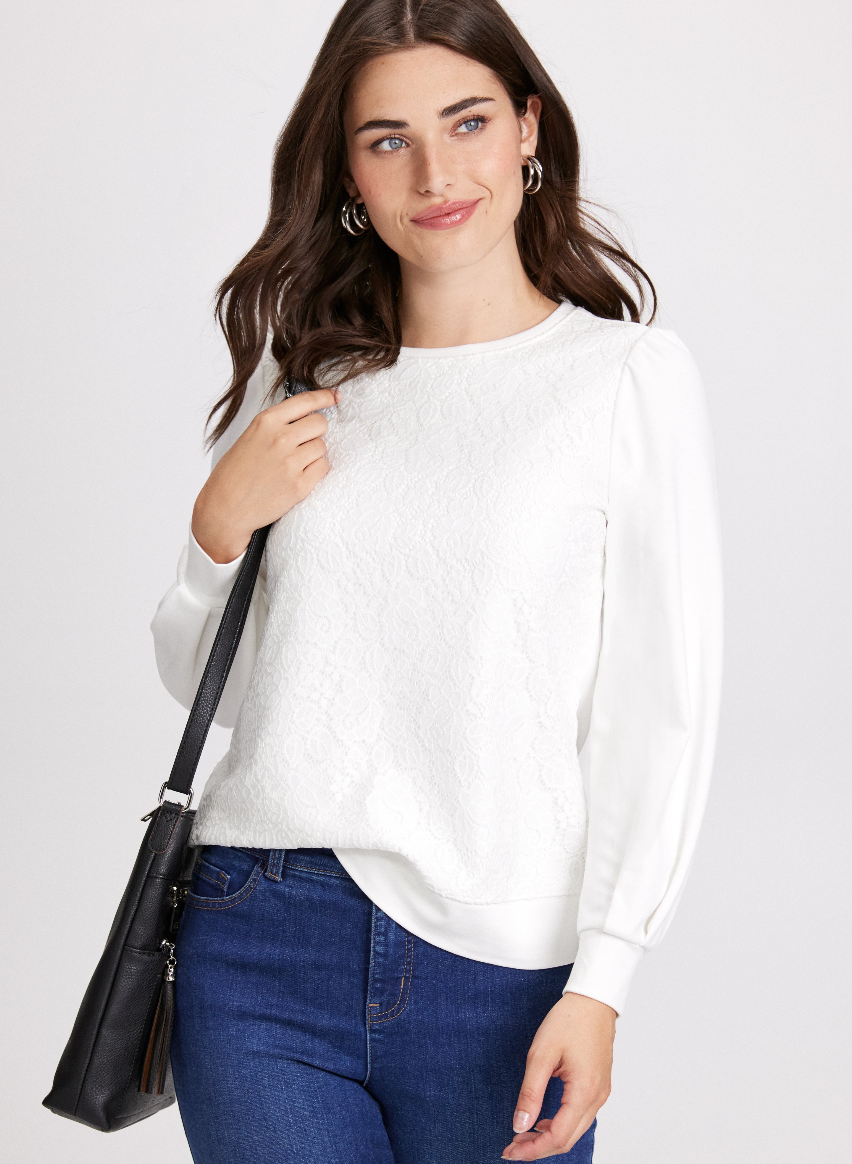 Laura Women s Nylon Rayon Spandex Long Sleeve Lace Front Top in Ivory Size Small