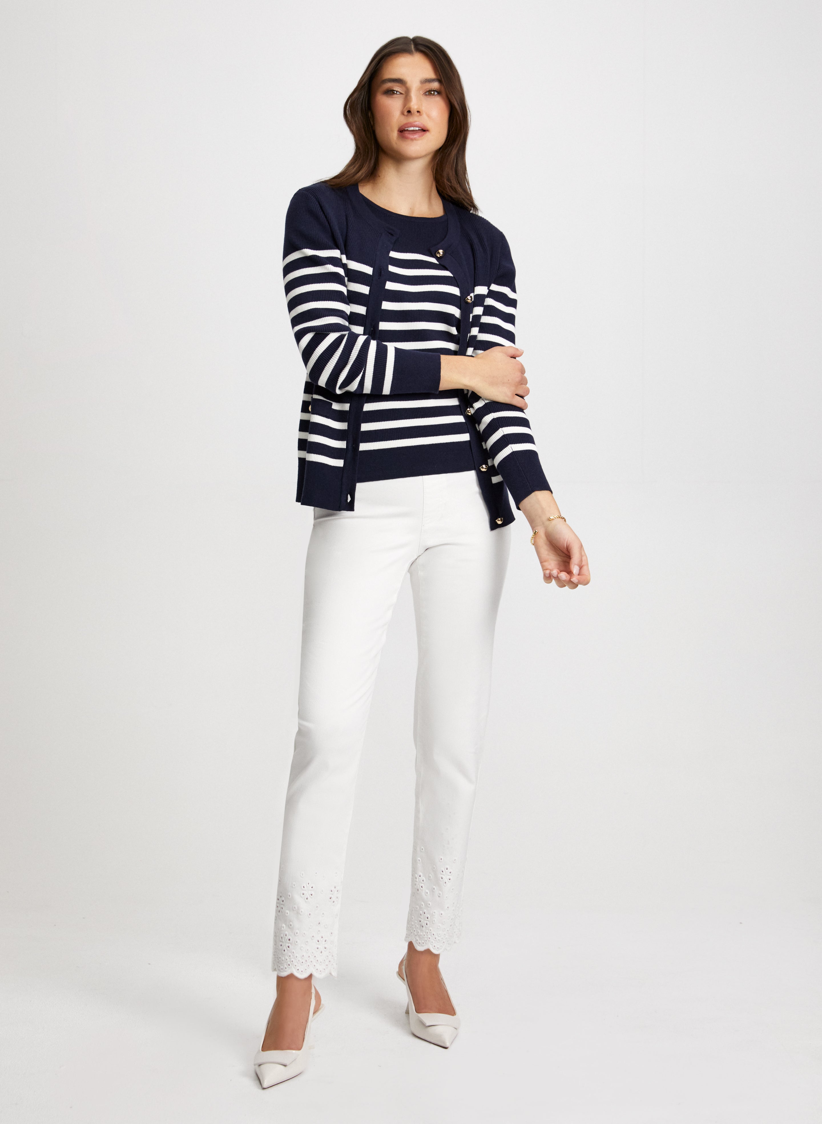 Striped Cardigan Top Scalloped Jeans