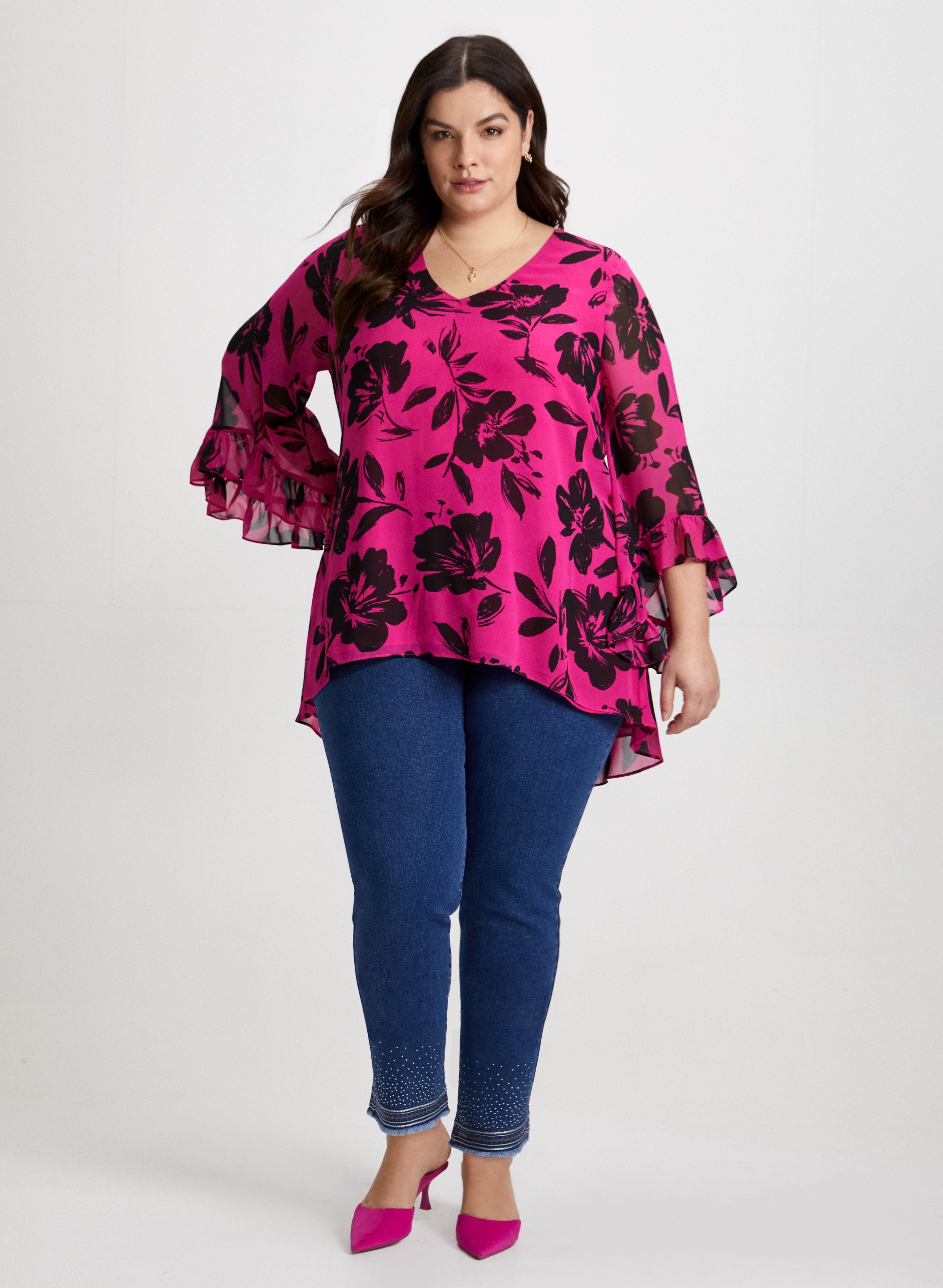 Floral Blouse Sequin Hem Jeans