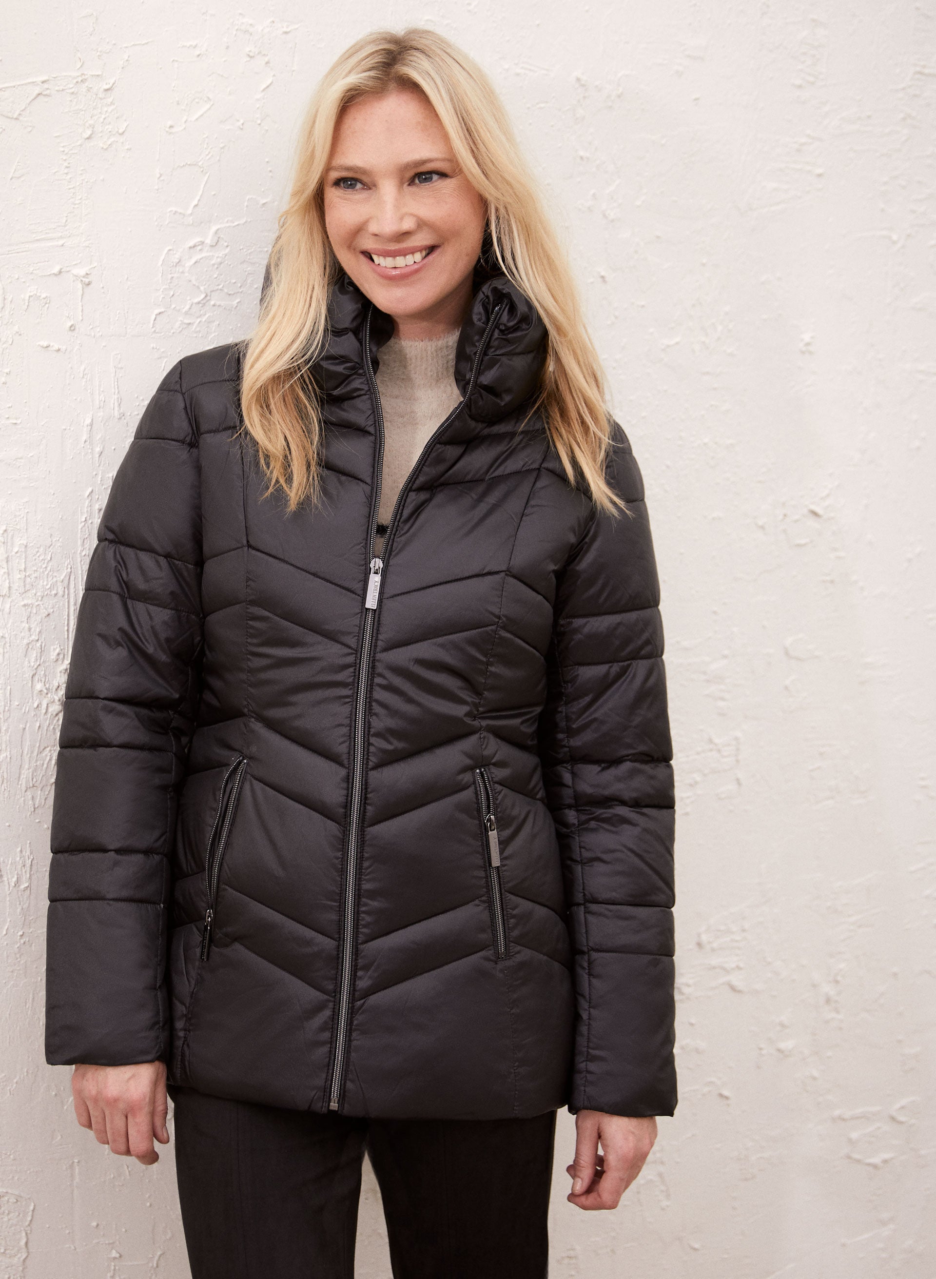 Black quilted coat with belt best sale