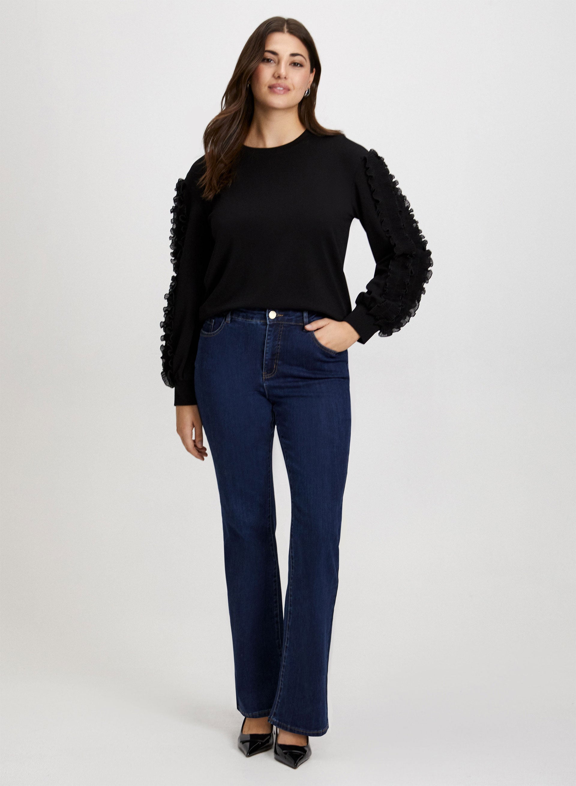 ★THREETIMES★RUFFLE BAGGY JEANS Ruffle Trim Top & Bootcut Jeans