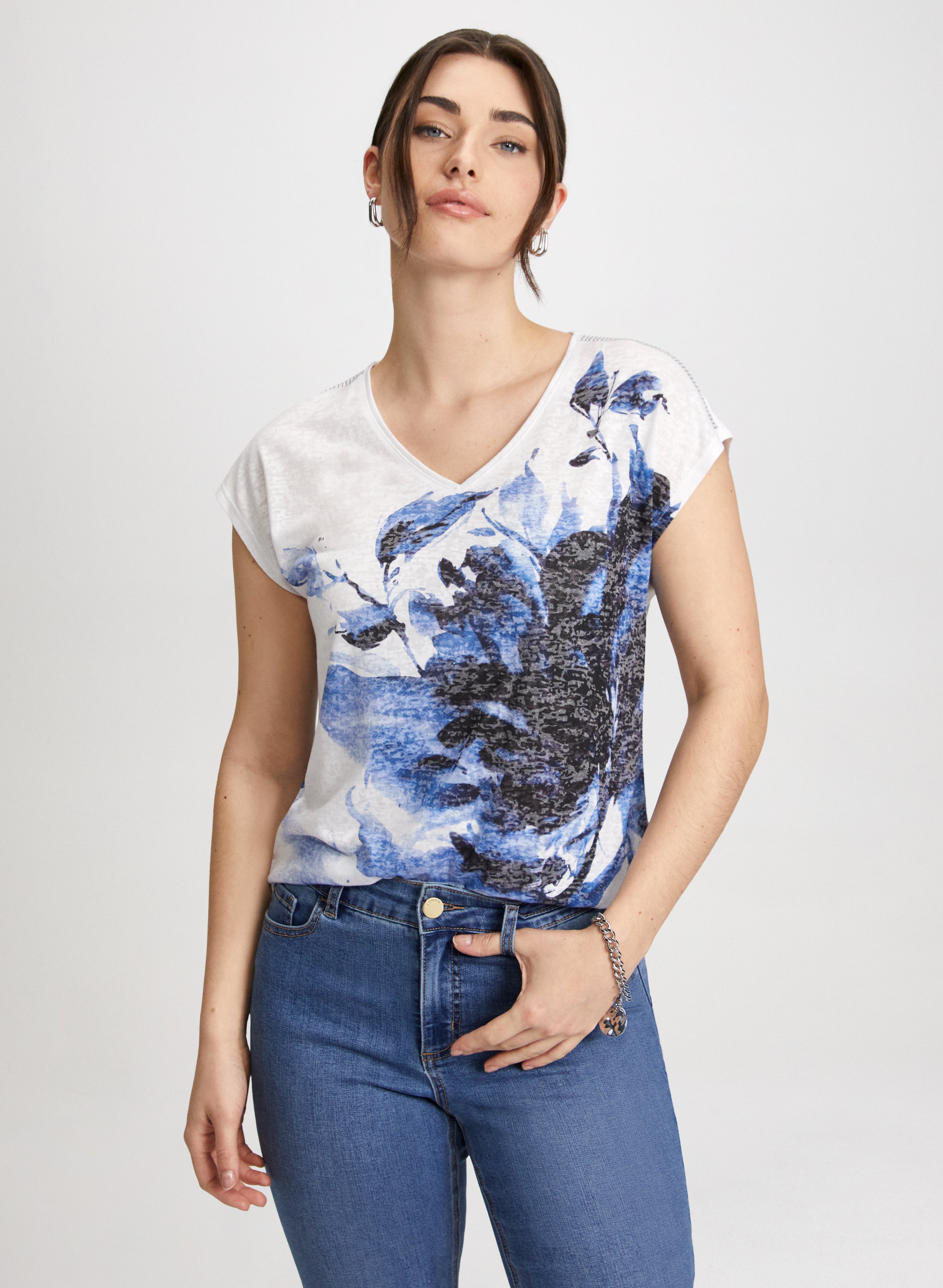 Floral Print Burnout T-Shirt