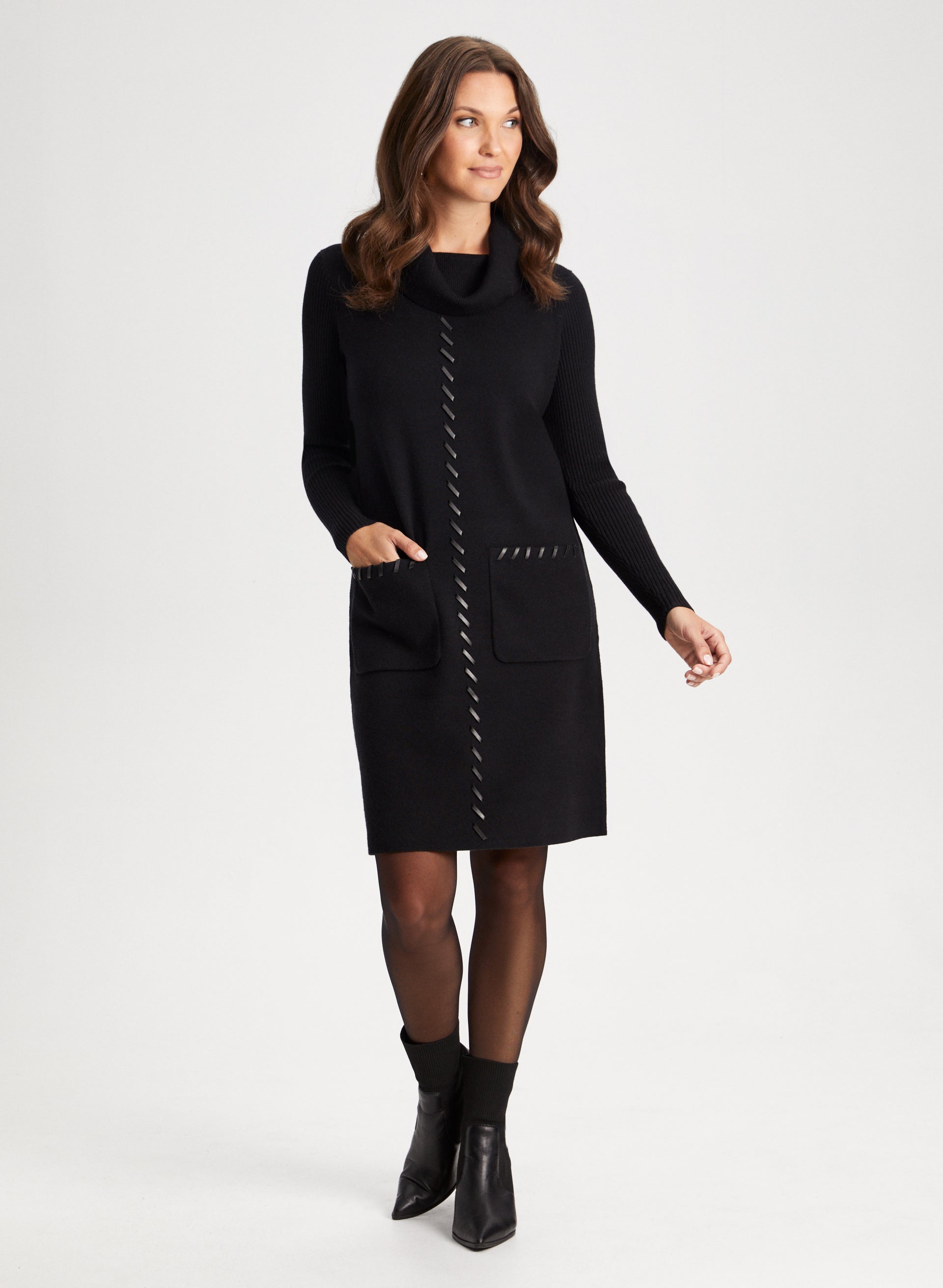 Vegan Leather Detail Sweater Dress