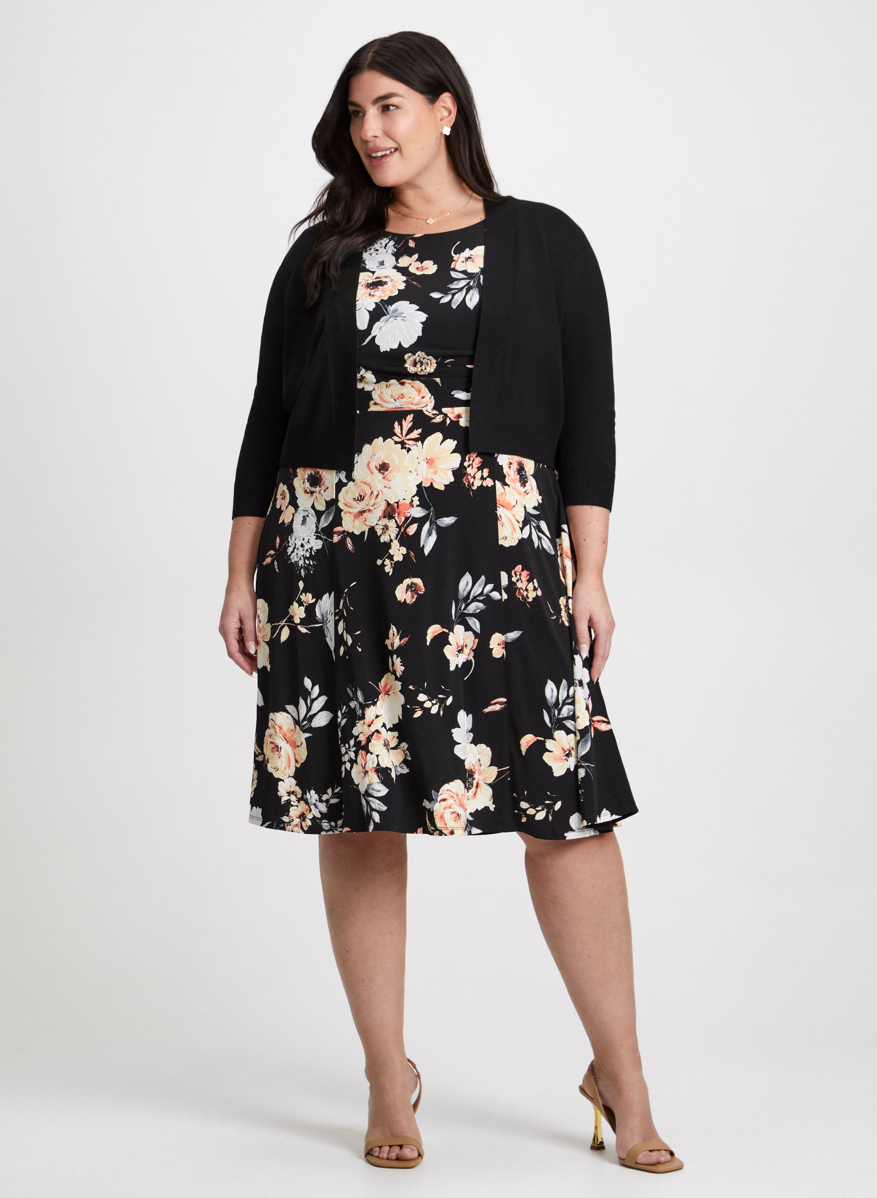 Ribbed Knit Cardigan Floral Print Dress